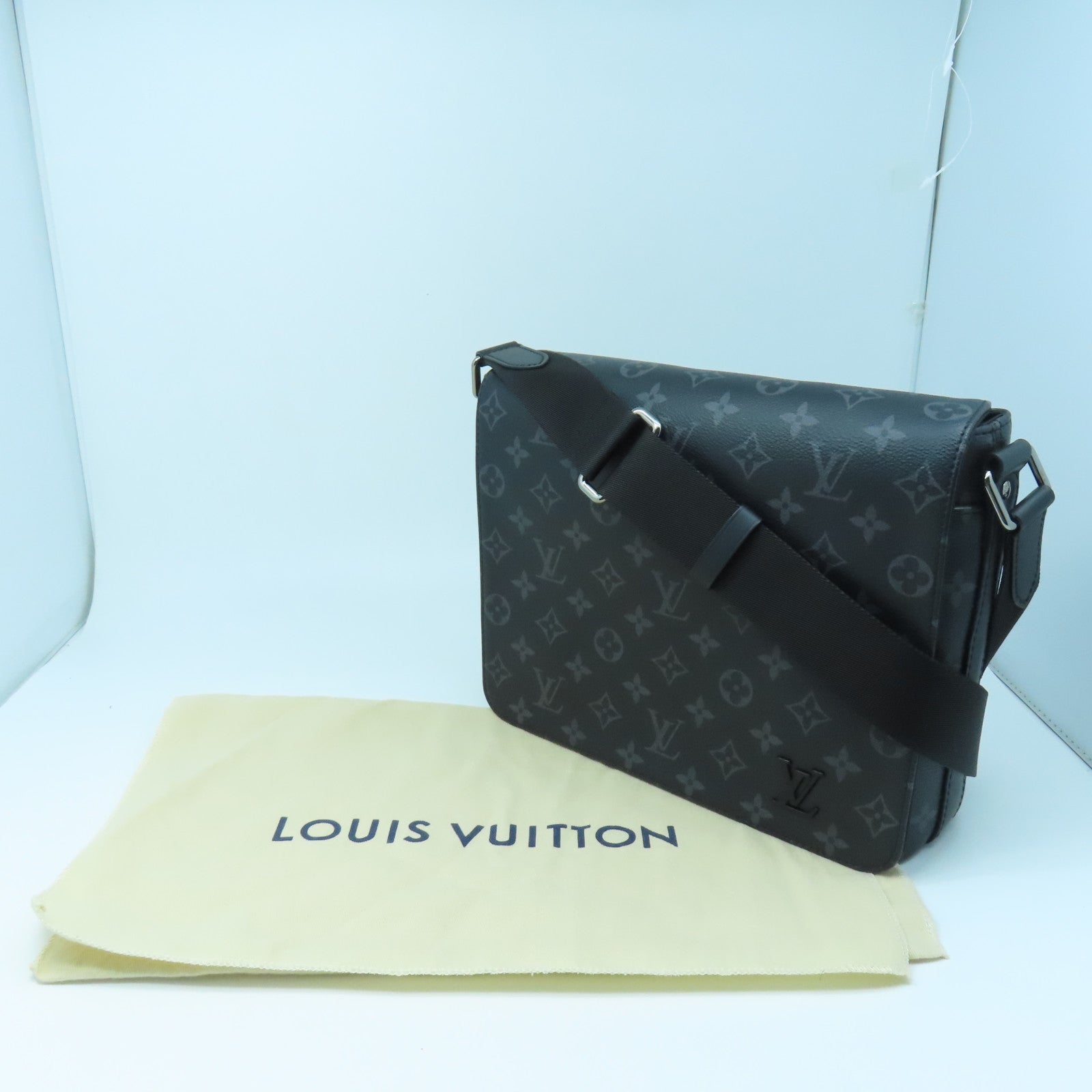 LOUIS VUITTON Monogram Eclipse District PM Silver Buckle Shoulder Bag Black/Gray
