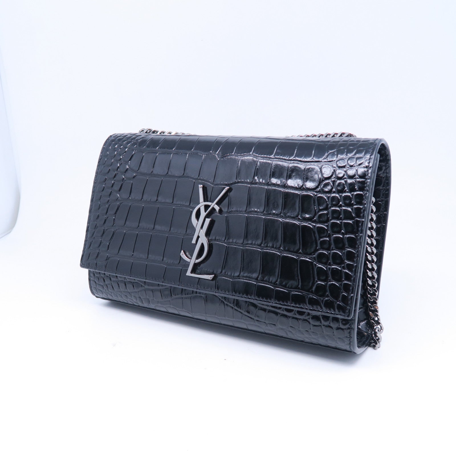 YVES SAINT LAURENT 牛皮皮革Kate銀扣鏈帶肩背袋黑色