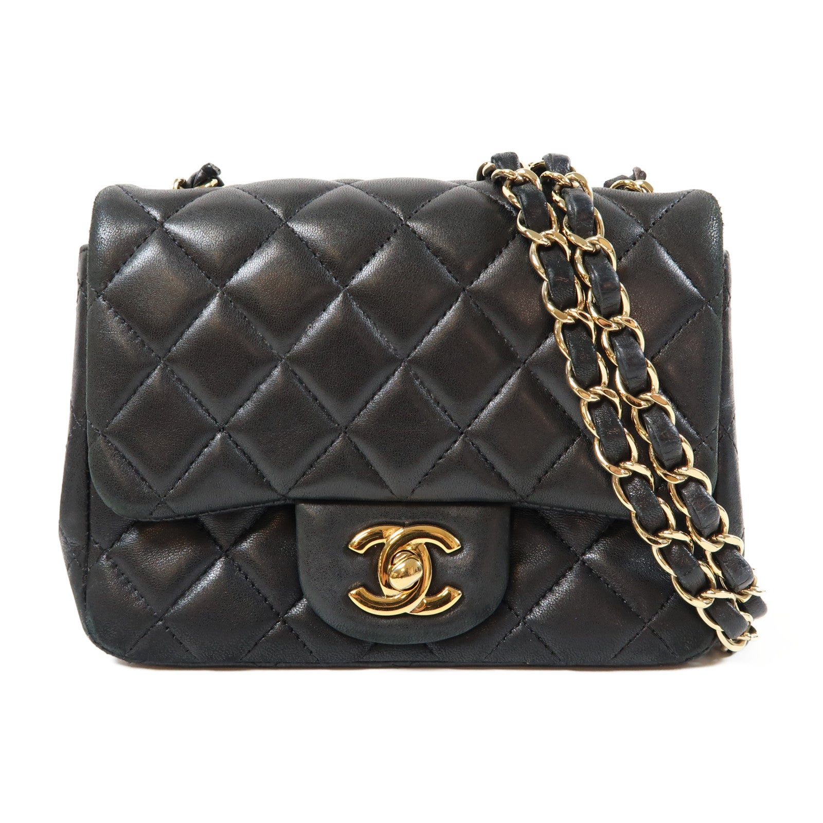 CHANEL 菱格羊皮皮革Chain Shoulder Bag金扣鏈帶肩背袋黑色