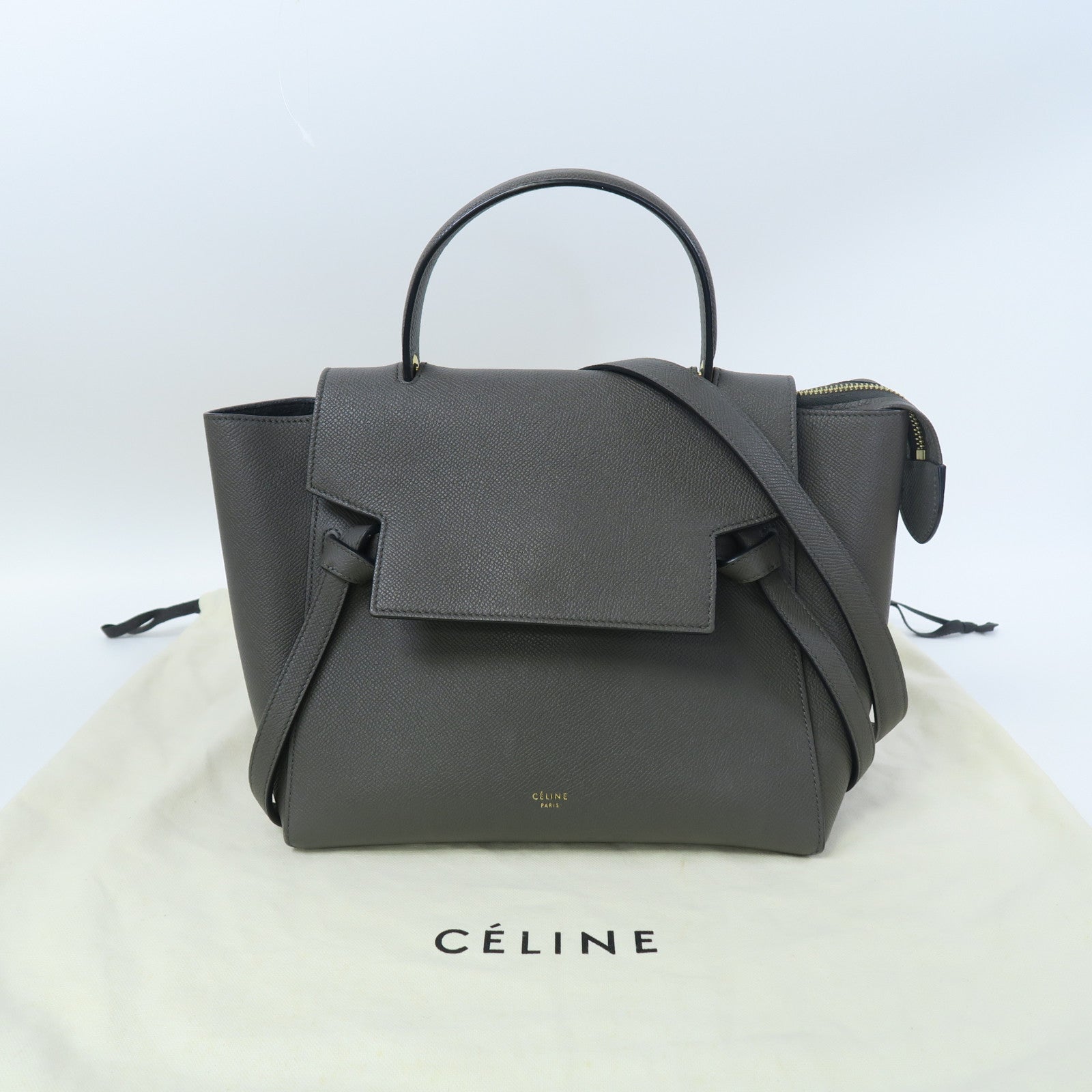 CELINE 牛皮皮革Belt Bag金扣手挽肩背兩用袋灰色