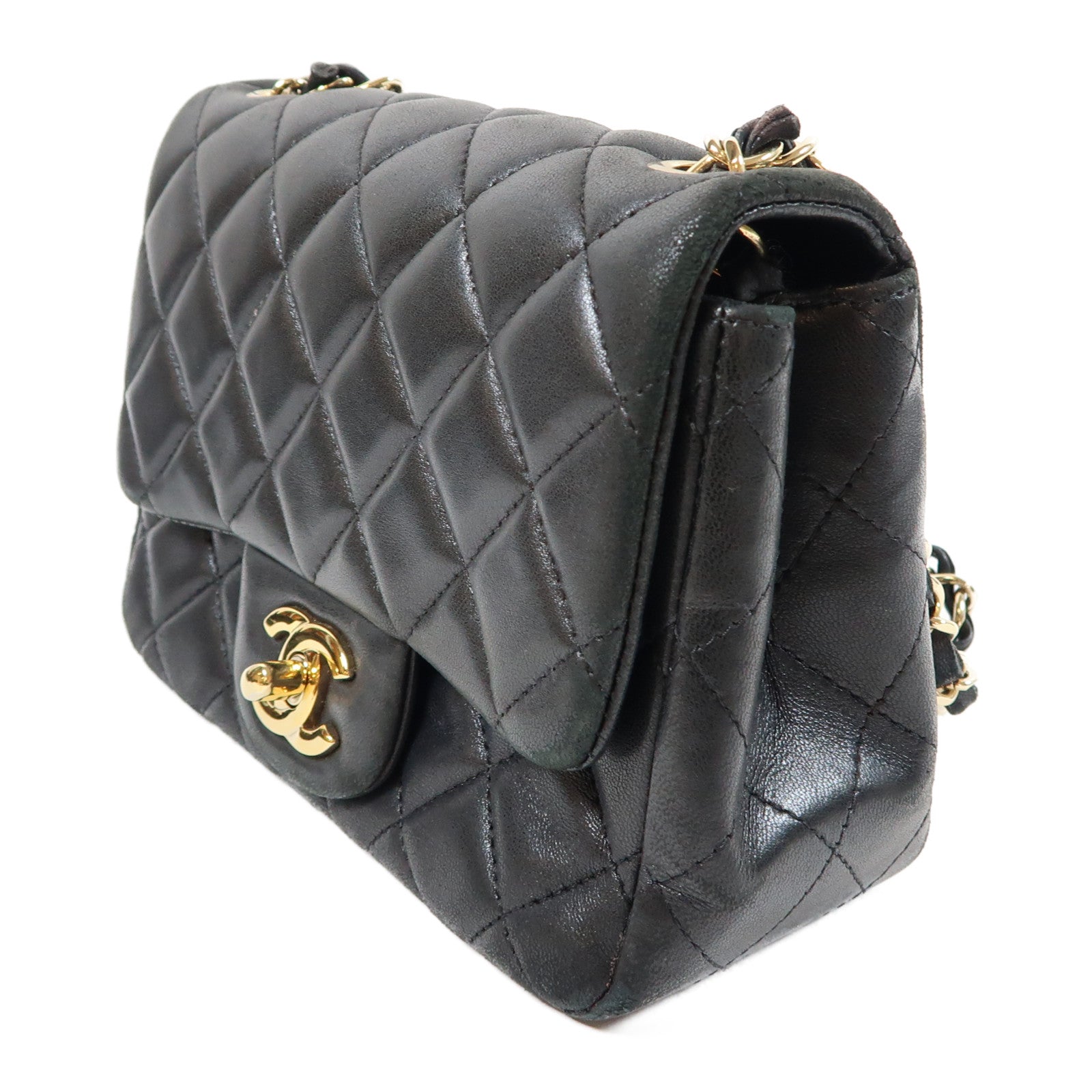 CHANEL 菱格羊皮皮革Chain Shoulder Bag金扣鏈帶肩背袋黑色