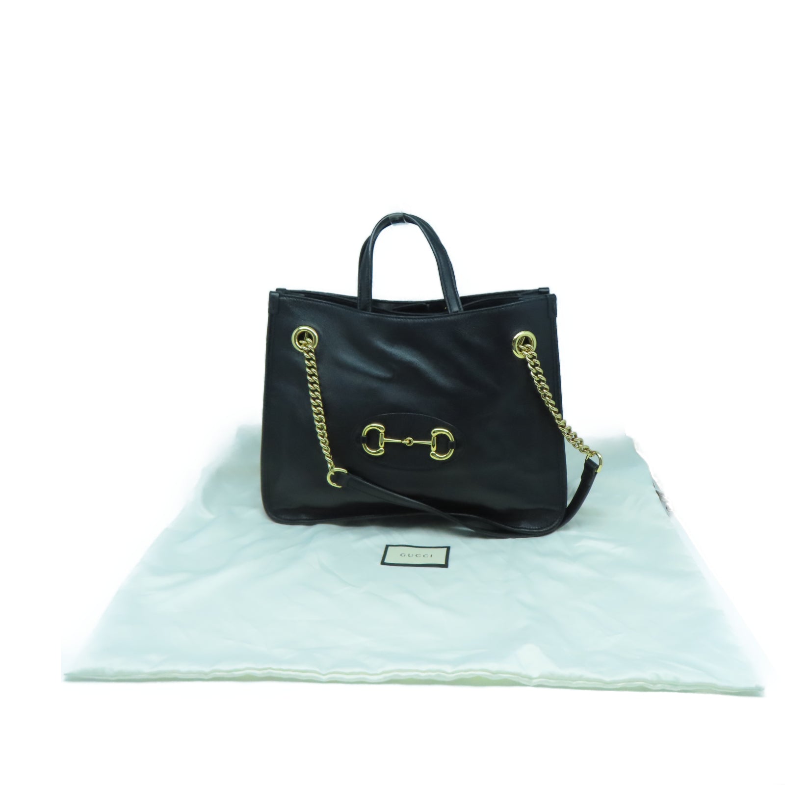 GUCCI 牛皮皮革Shoulder Tote金扣鏈帶手挽肩背兩用袋黑色