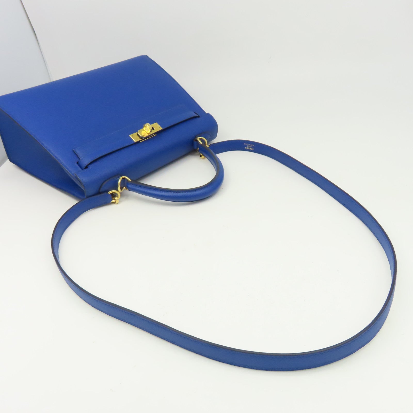 HERMES Epsom皮革Kelly 25 Sellier金扣手挽肩背兩用袋Bleu France法國藍色