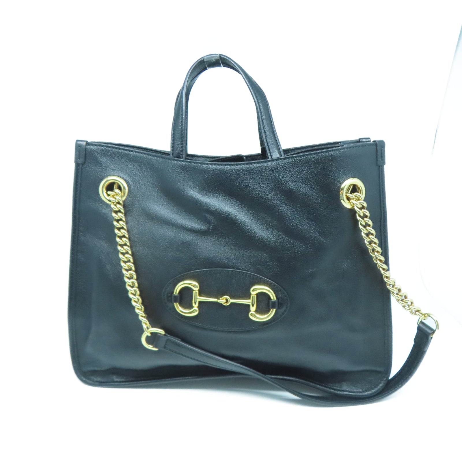 GUCCI 牛皮皮革Shoulder Tote金扣鏈帶手挽肩背兩用袋黑色