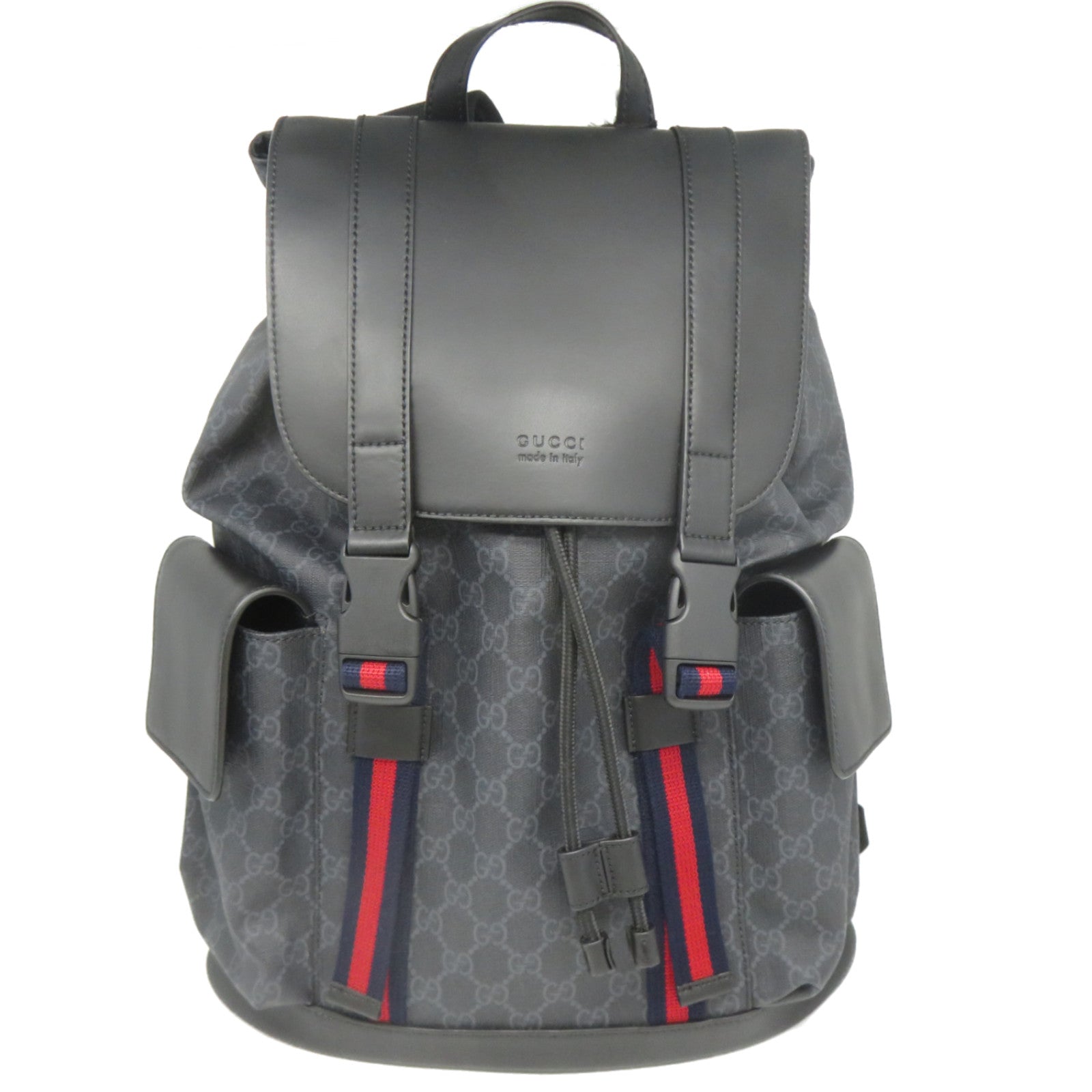 GUCCI 塗層帆布/皮革GG Supreme Backpack銀扣背包黑色/灰色