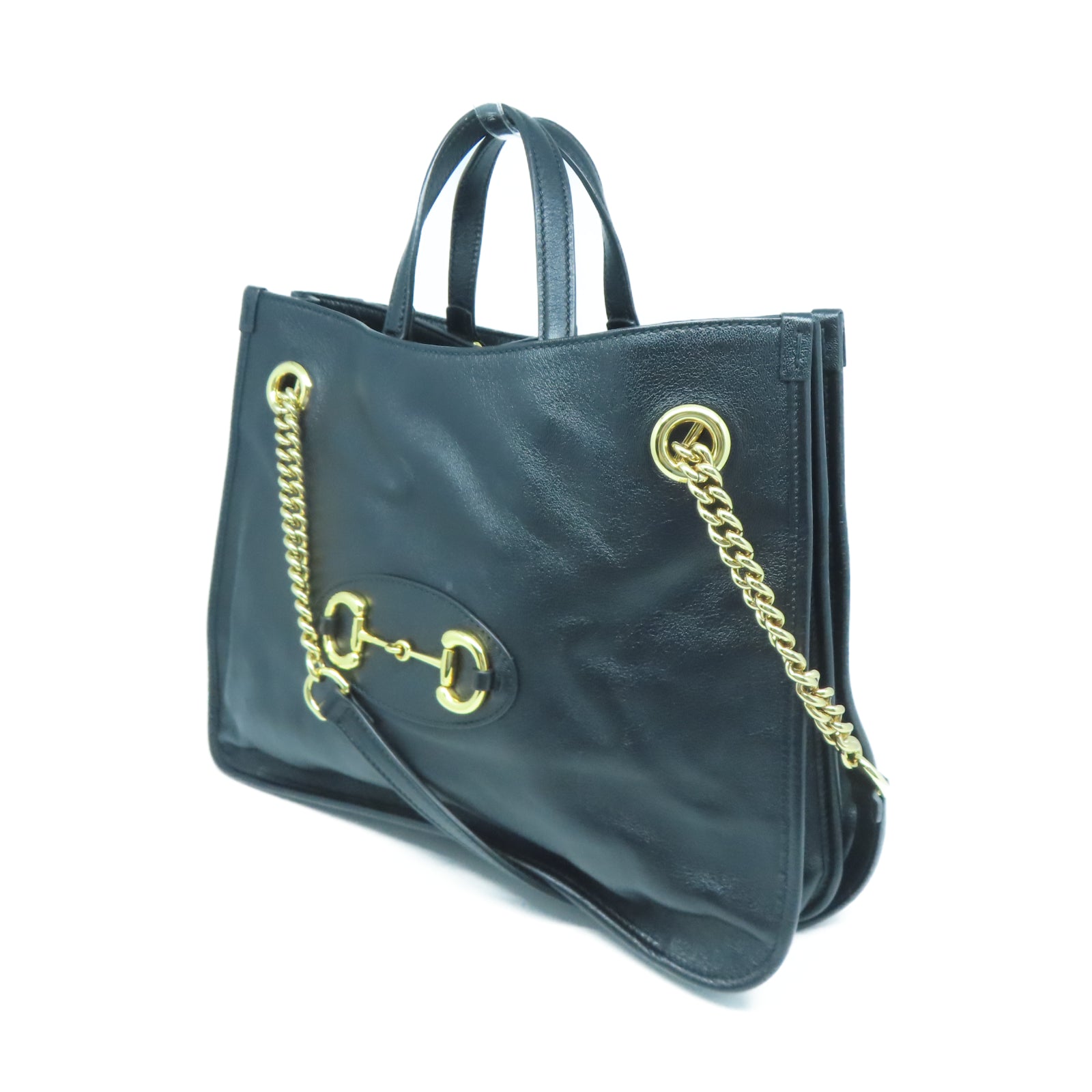 GUCCI 牛皮皮革Shoulder Tote金扣鏈帶手挽肩背兩用袋黑色