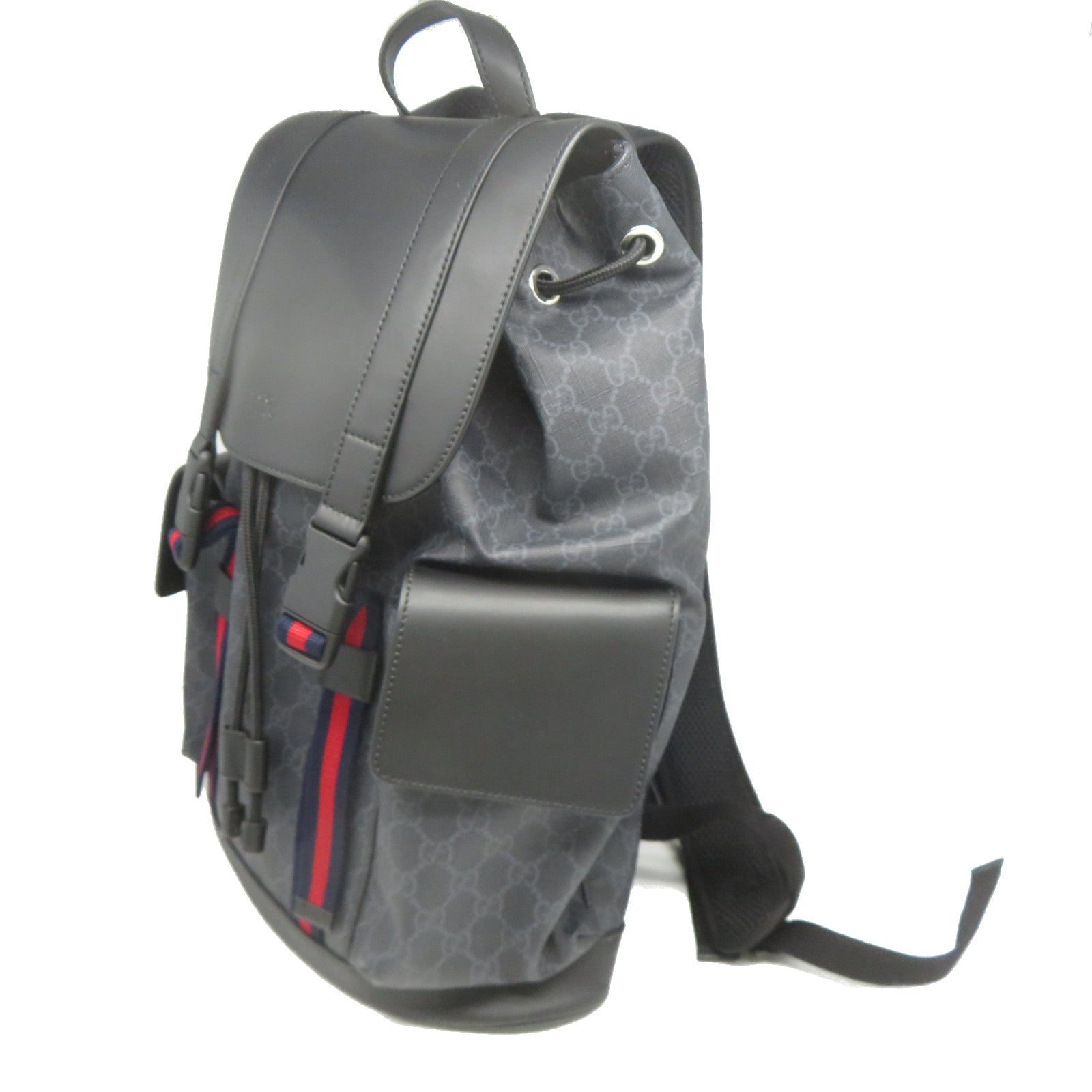 GUCCI 塗層帆布/皮革GG Supreme Backpack銀扣背包黑色/灰色