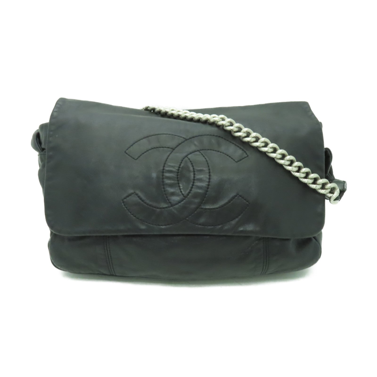 CHANEL 牛皮皮革Shoulder Bag銀扣鏈帶肩背袋黒色