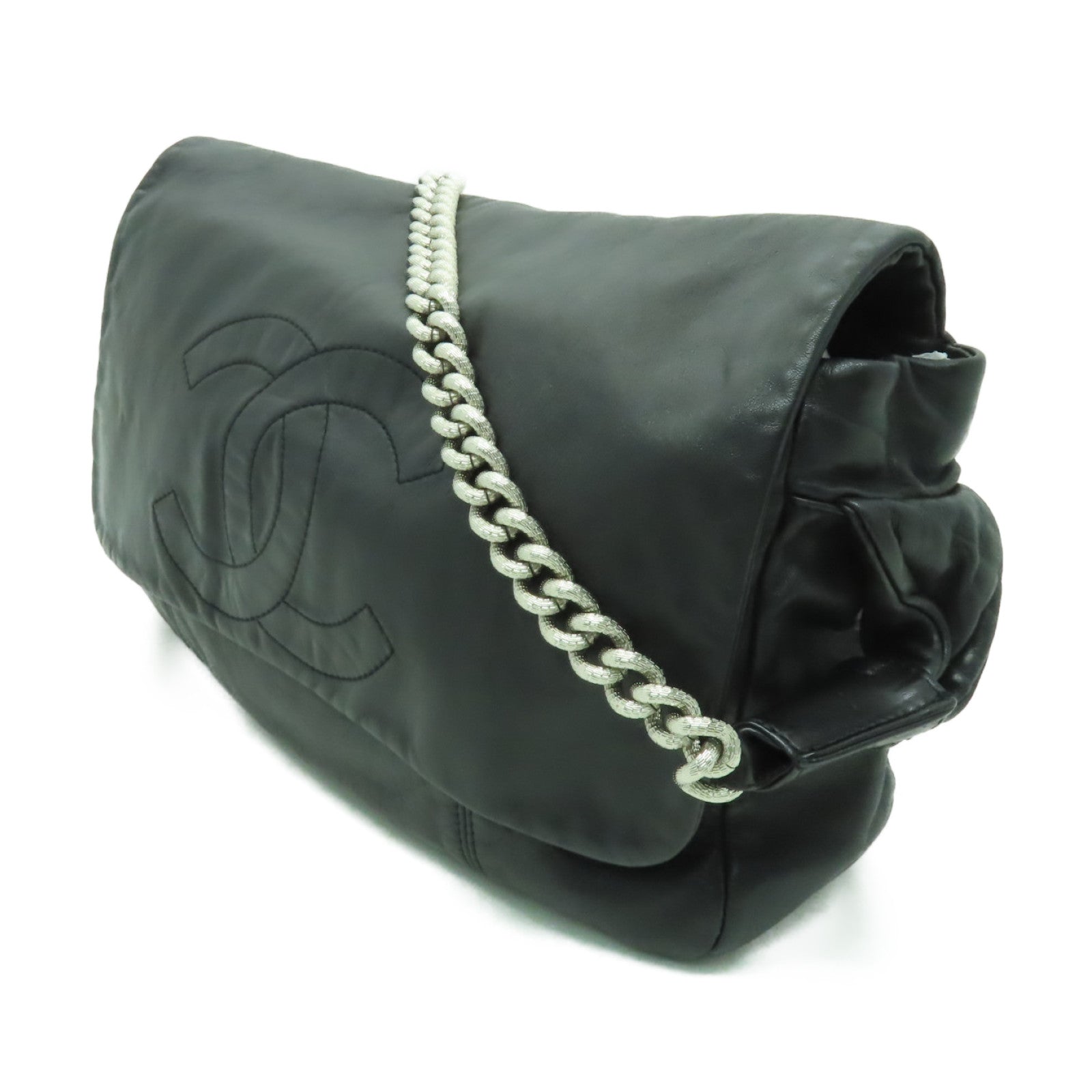 CHANEL 牛皮皮革Shoulder Bag銀扣鏈帶肩背袋黒色
