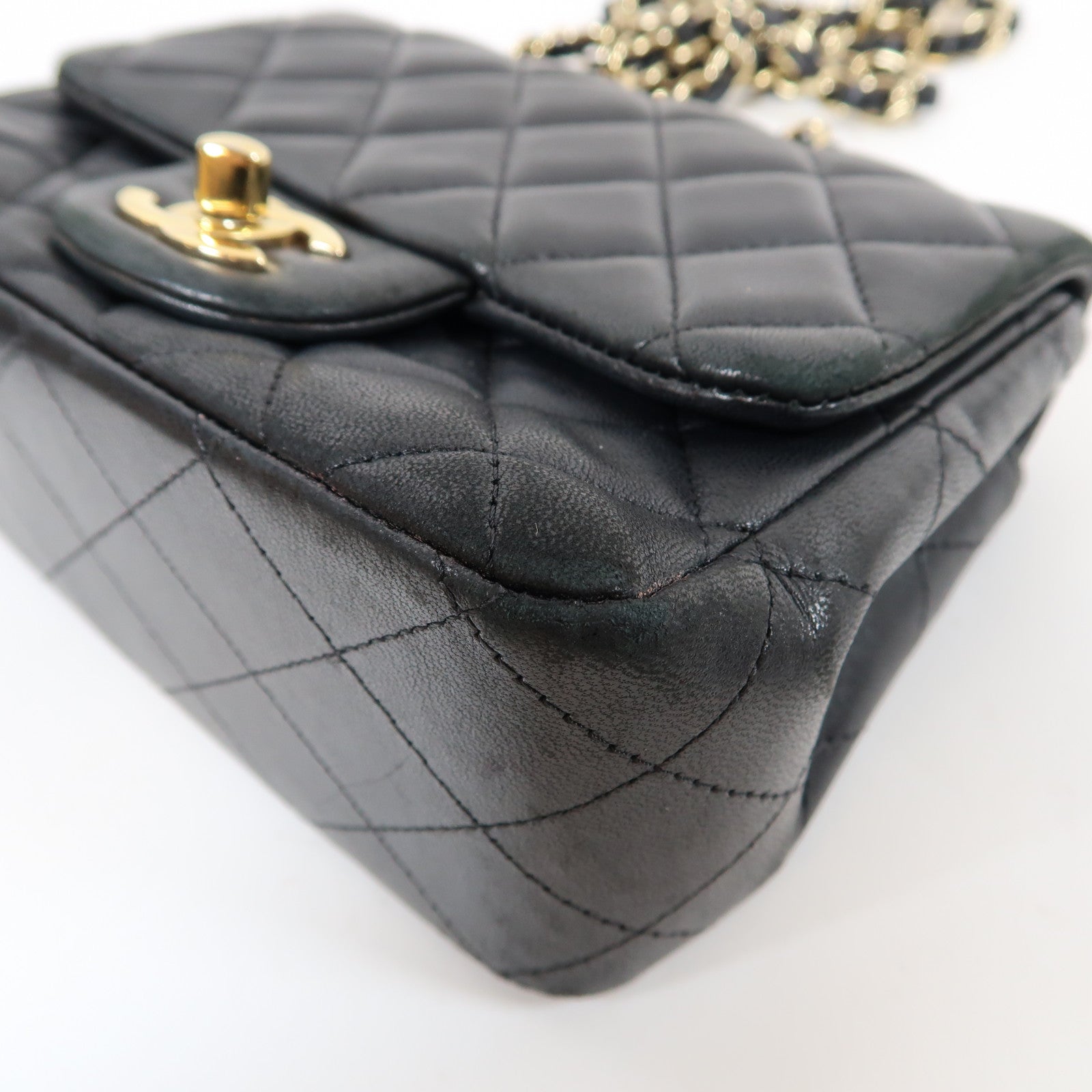 CHANEL 菱格羊皮皮革Chain Shoulder Bag金扣鏈帶肩背袋黑色