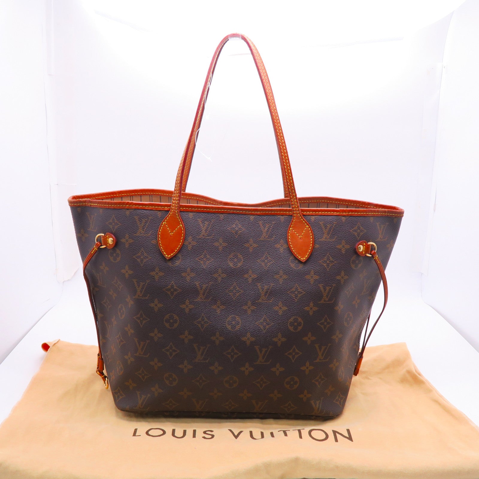 LOUIS VUITTON Monogram Neverfull MM金扣手挽袋棕色