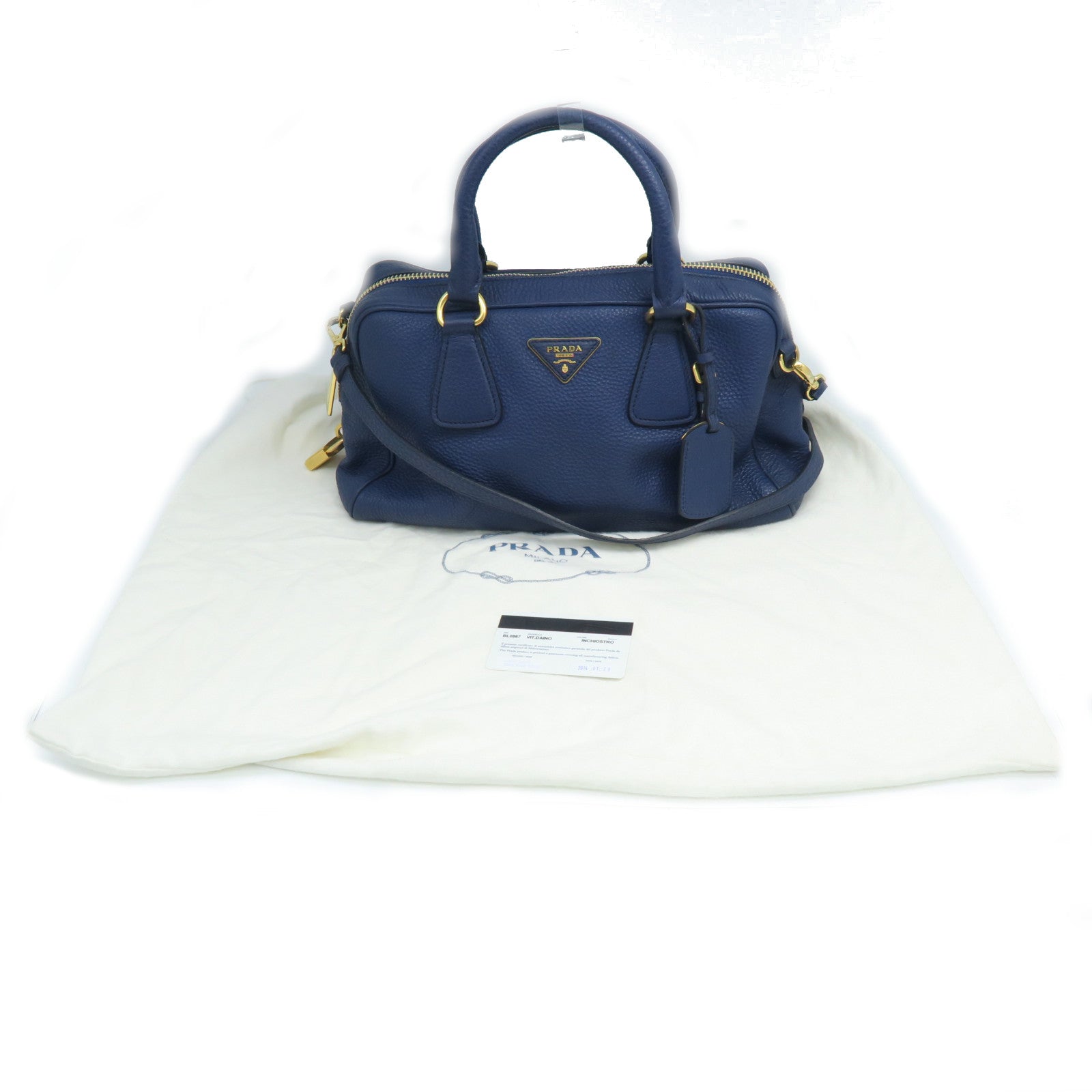 PRADA cowhide leather 2 Way Shoulder gold buckle handle shoulder bag blue