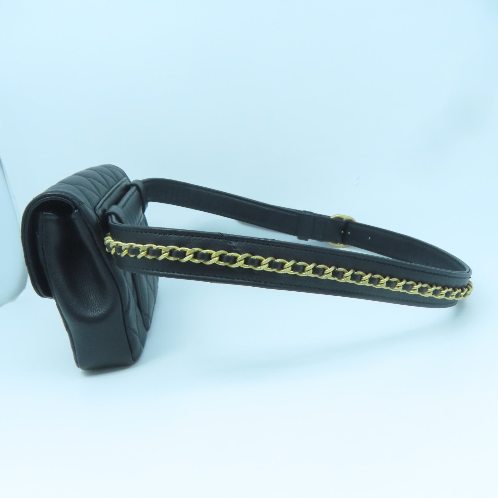 CHANEL rhombic cowhide leather Waist Bag gold buckle pocket black