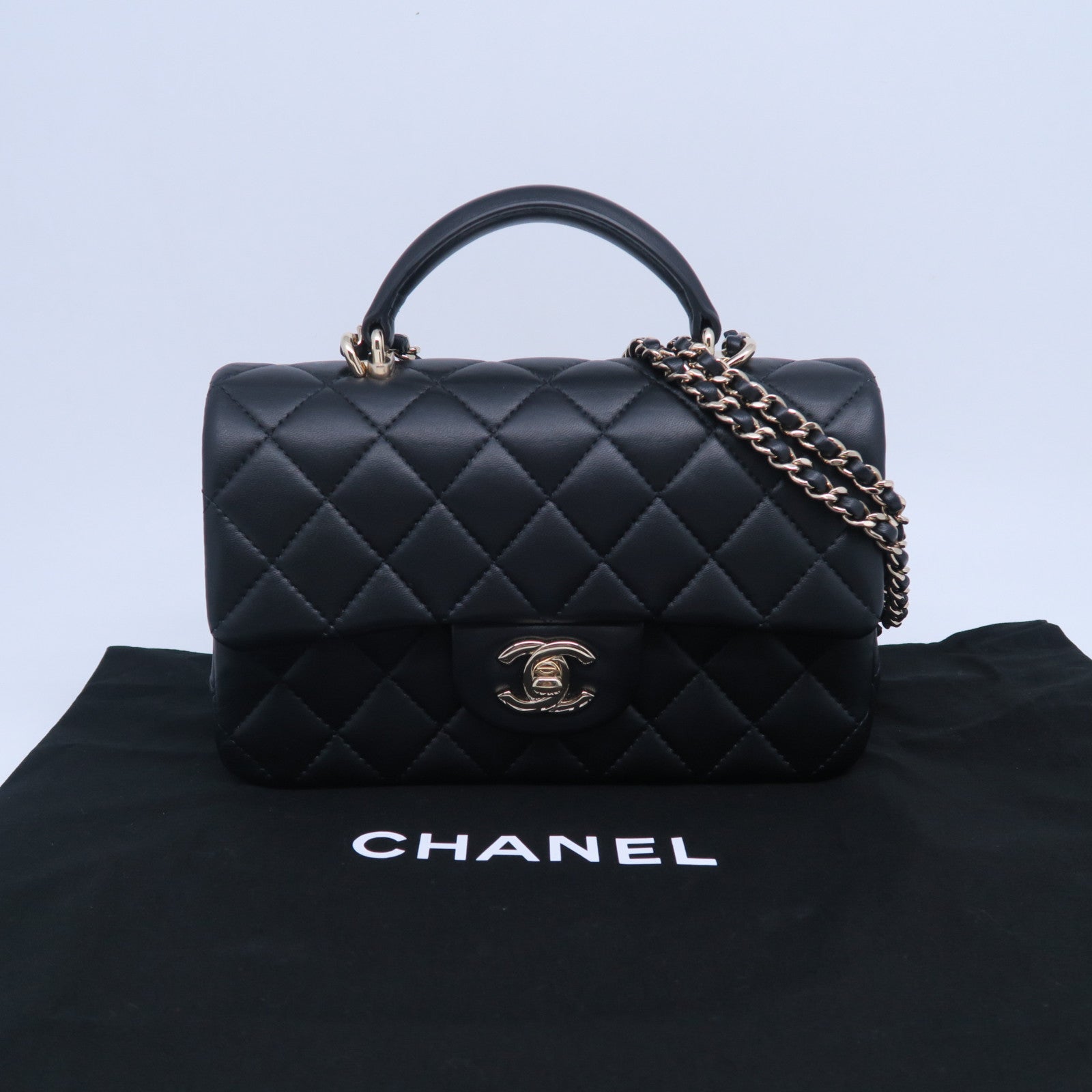 CHANEL 菱格羊皮皮革2 Way Shoulder Bag金扣手挽肩背兩用袋黑色
