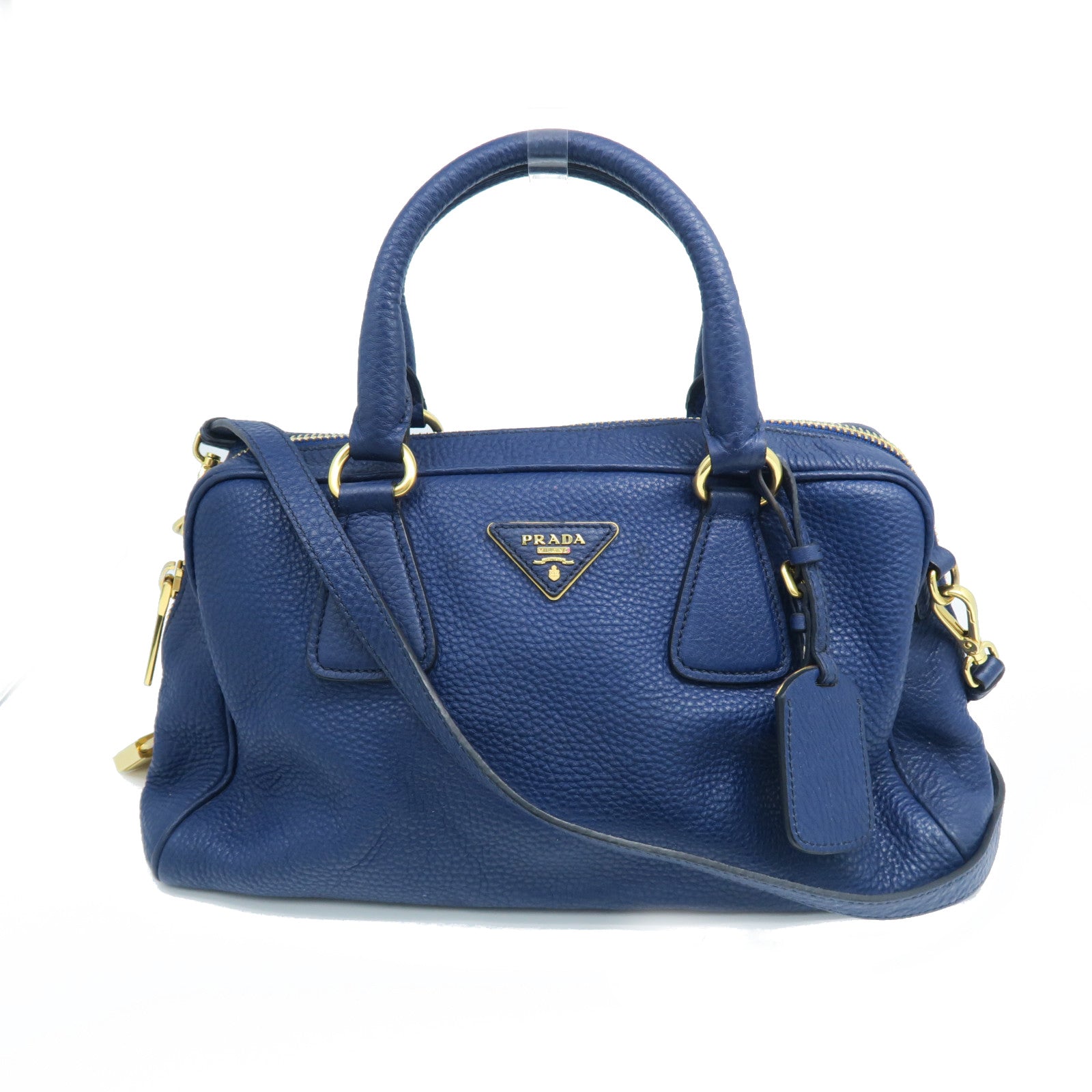 PRADA cowhide leather 2 Way Shoulder gold buckle handle shoulder bag blue