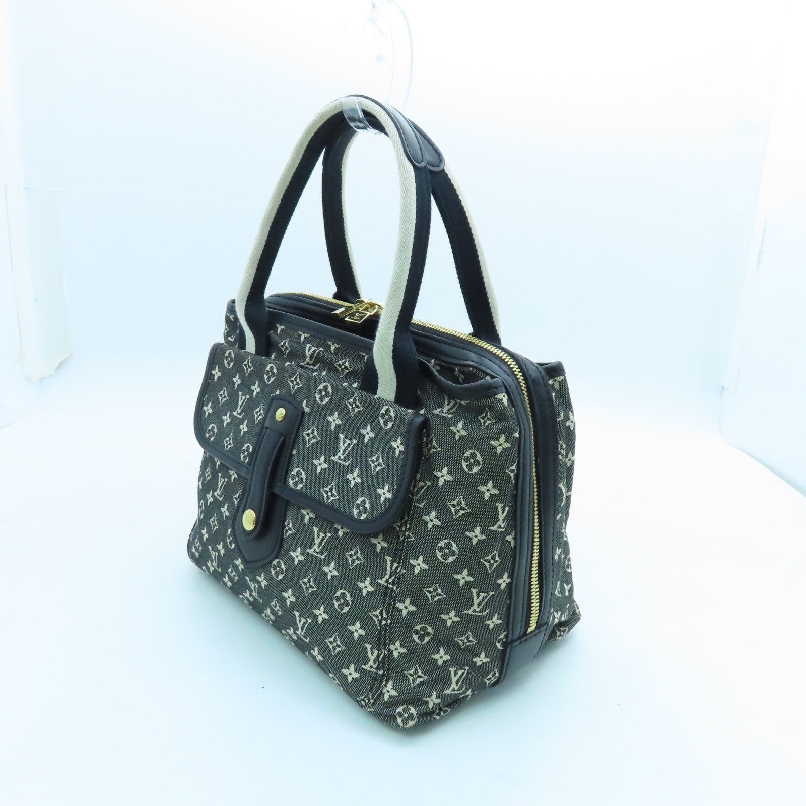 LOUIS VUITTON Monogram Mini Lin Mini Hippo Mario Kate Gold Buckle Handle Bag Black/White