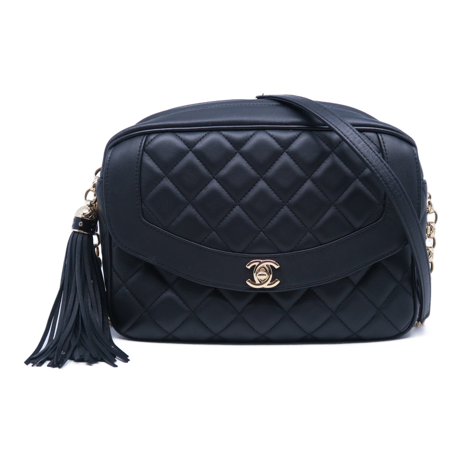 CHANEL 菱格牛皮皮革Chain Shoulder Bag金扣鏈帶肩背袋黑色