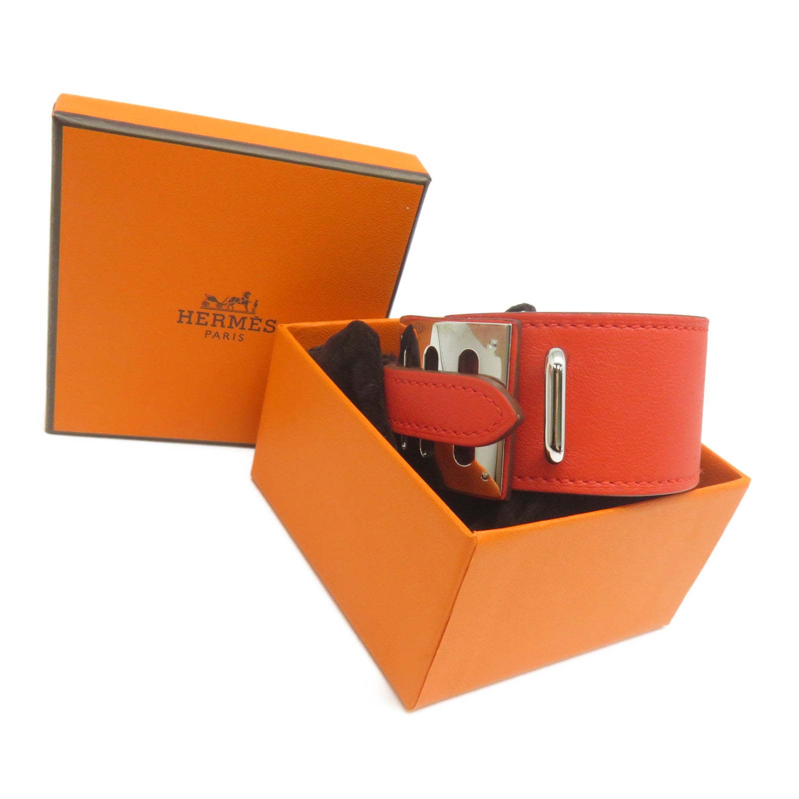 HERMES Swift皮革Intense銀扣手鐲橙色