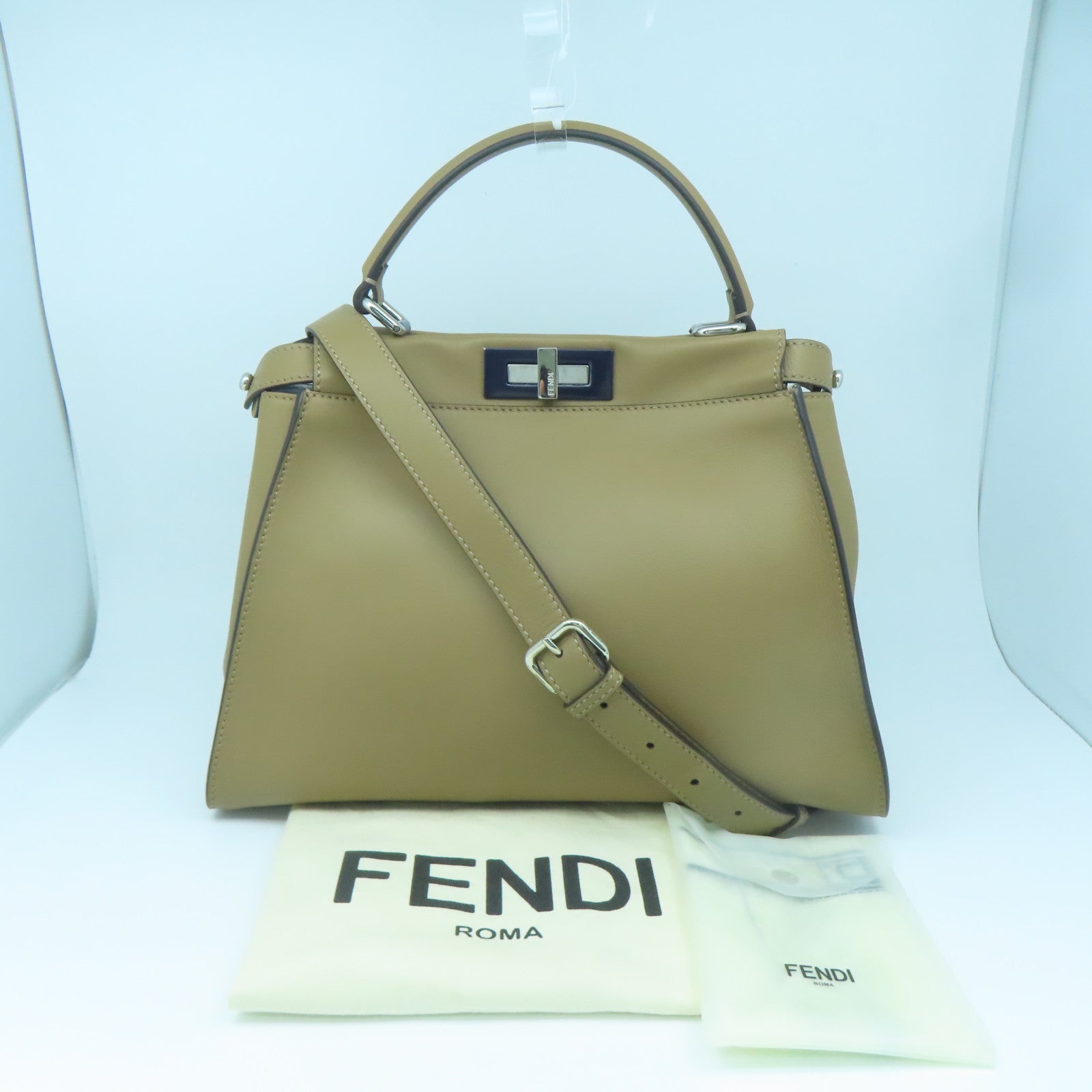 FENDI Cowhide Leather 2way Shoulder Bag Silver Buckle Handle Shoulder Bag Brown