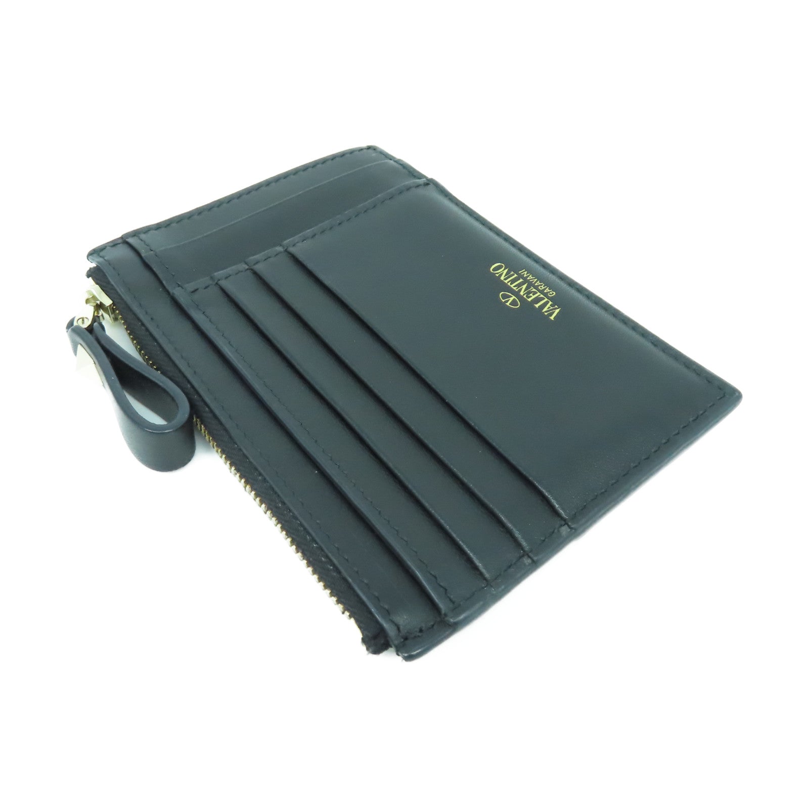 Valentino 牛皮皮革Card case銀扣卡片套黑色