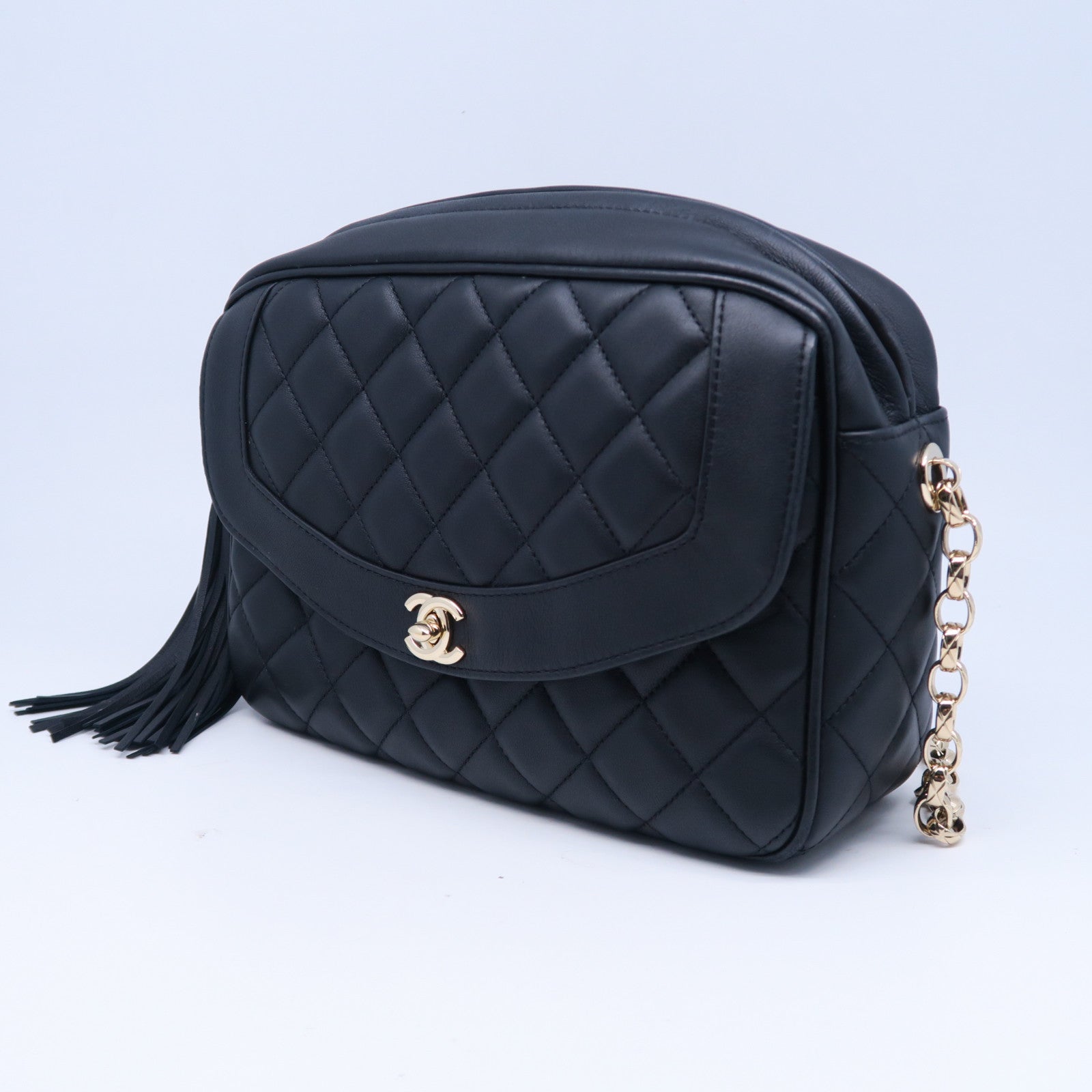 CHANEL 菱格牛皮皮革Chain Shoulder Bag金扣鏈帶肩背袋黑色