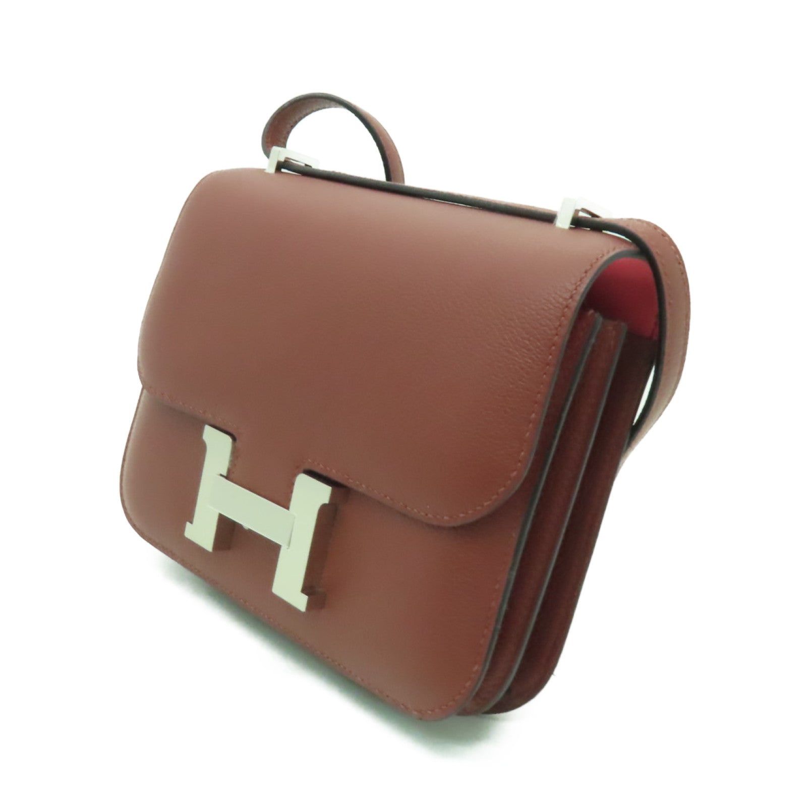 HERMES 【激減優惠】Clemence皮革Constance Mini銀扣肩背袋Rough Sellier酒紅色