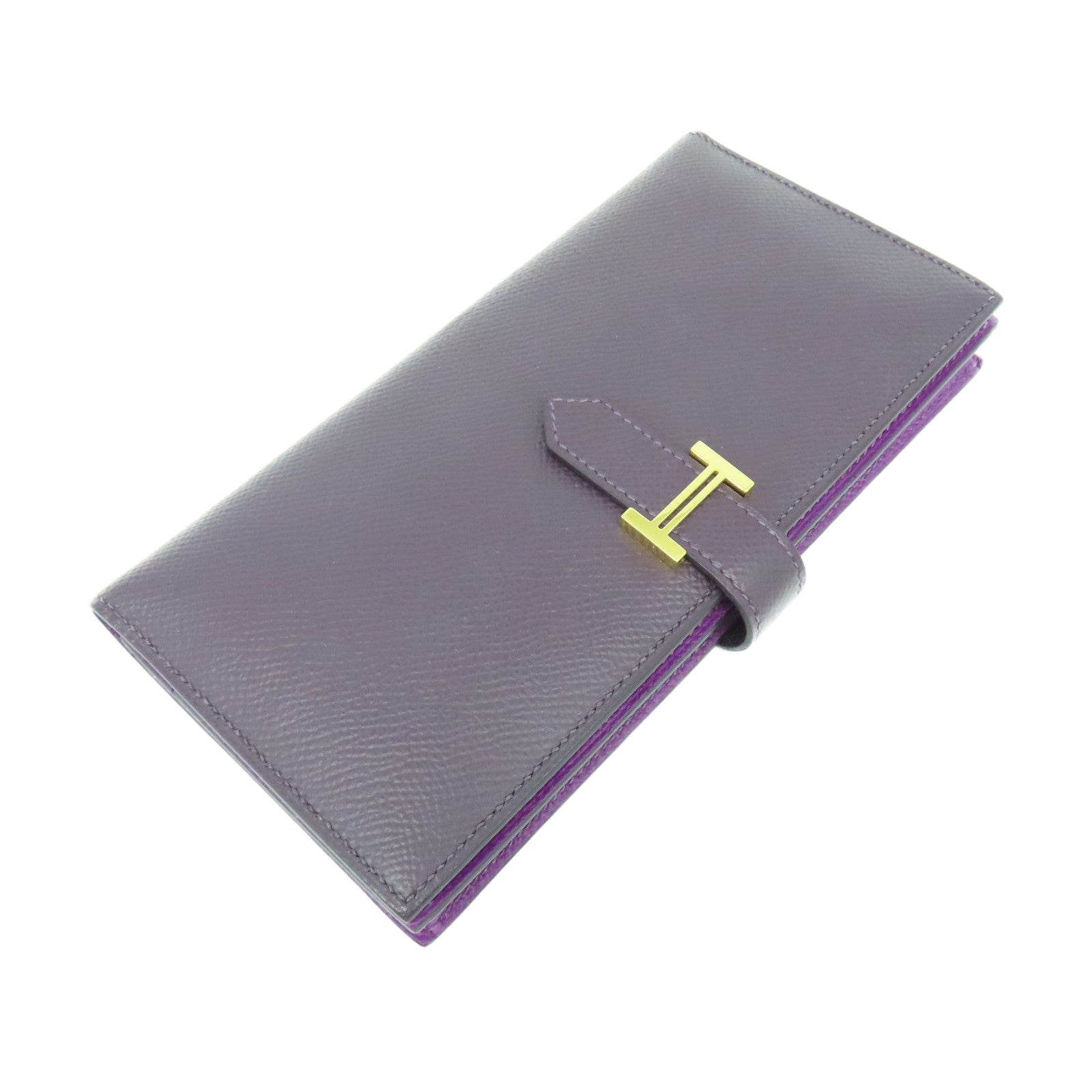 HERMES Veau Epsom皮革Bearm Wallet金扣長錢包紫色