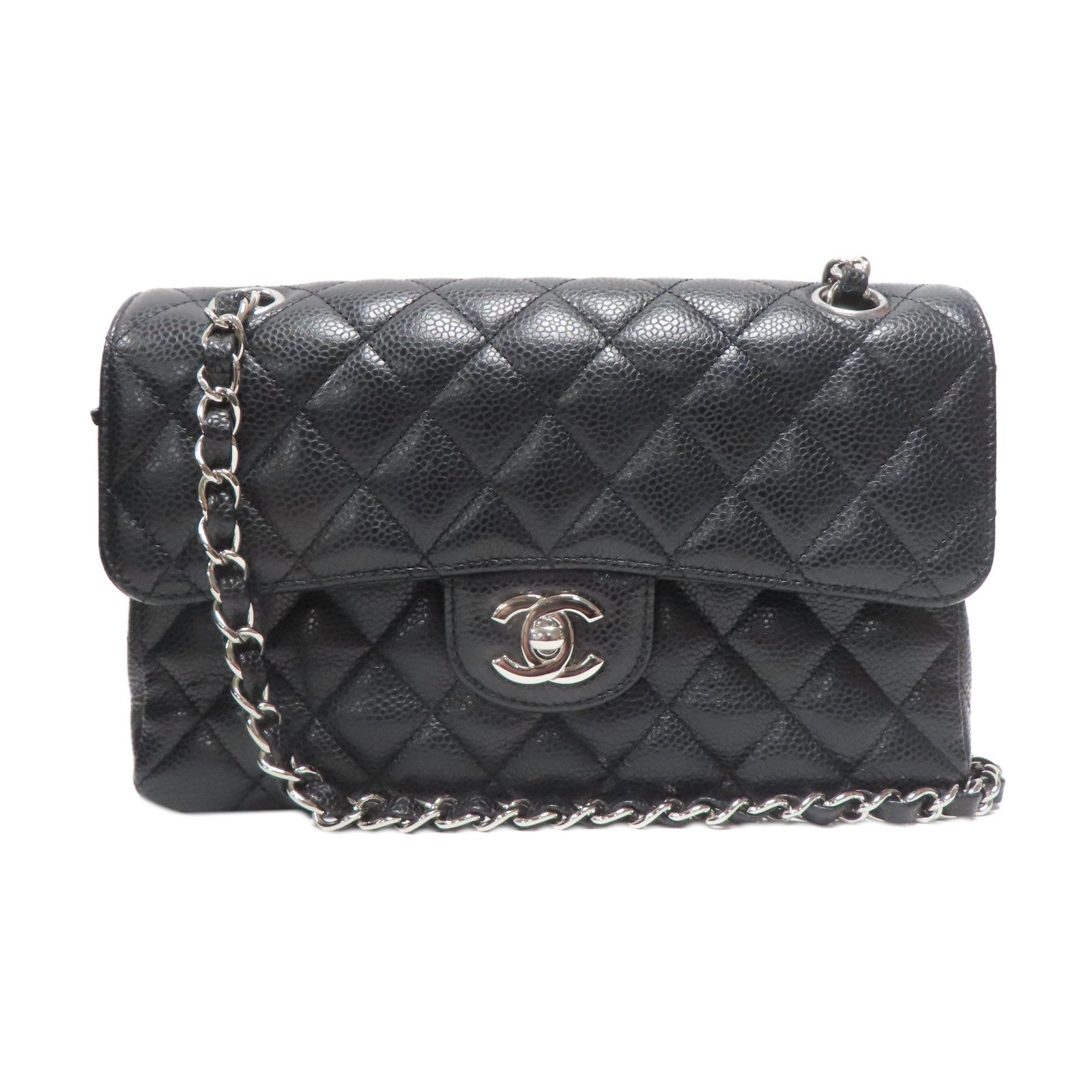 CHANEL 菱格Caviar皮革Classic 23cm銀扣鏈帶肩背袋黑色
