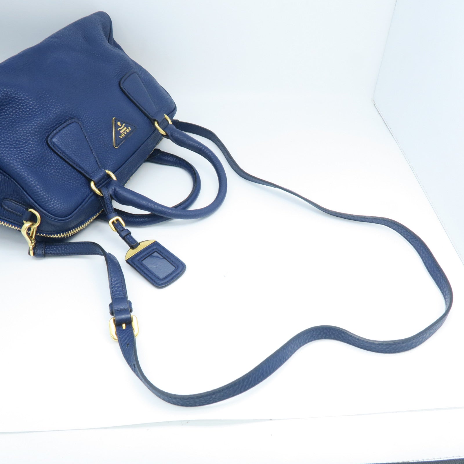 PRADA cowhide leather 2 Way Shoulder gold buckle handle shoulder bag blue