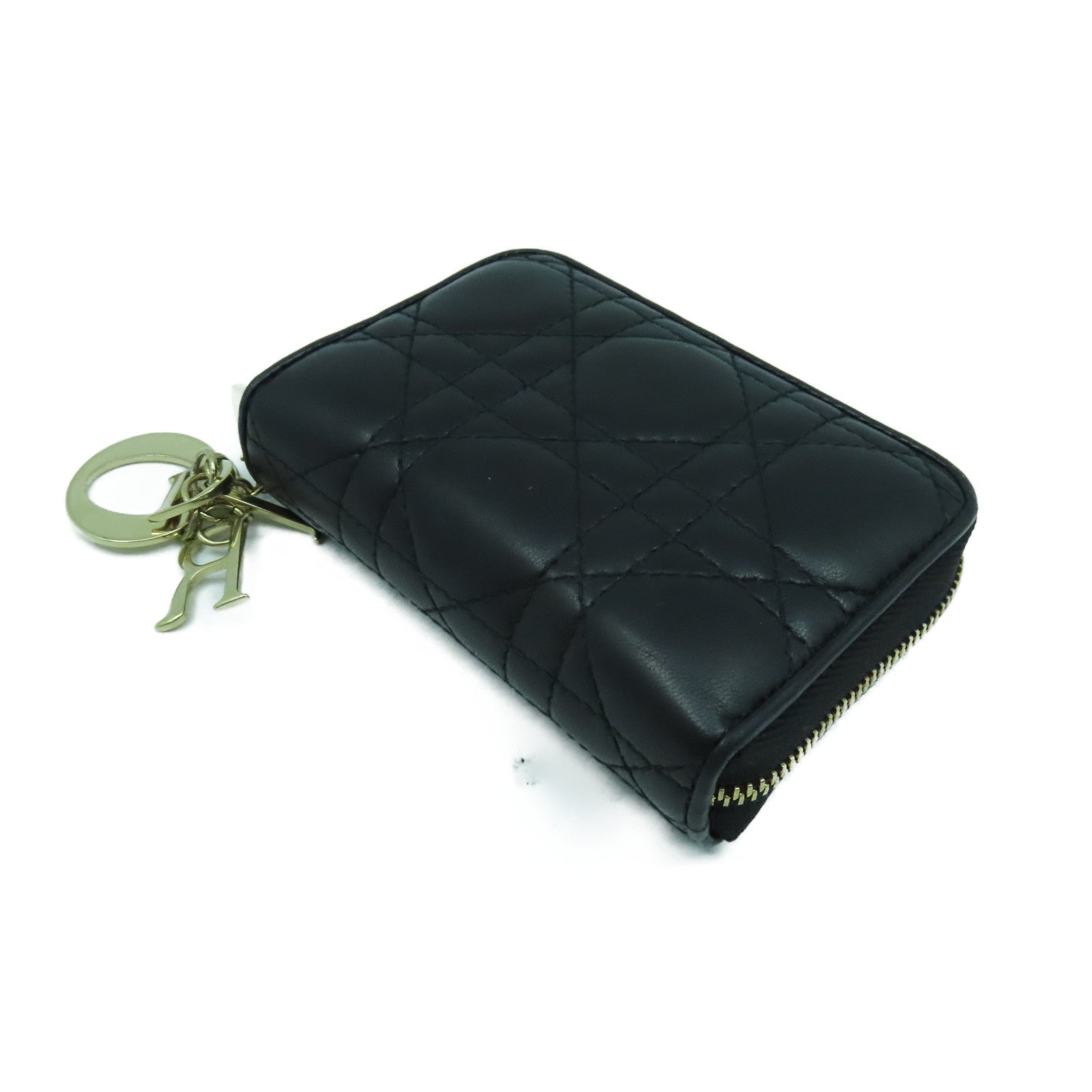 Dior 羊皮皮革Lady Dior Voyageur Small Coin Purse金扣零錢包黑色