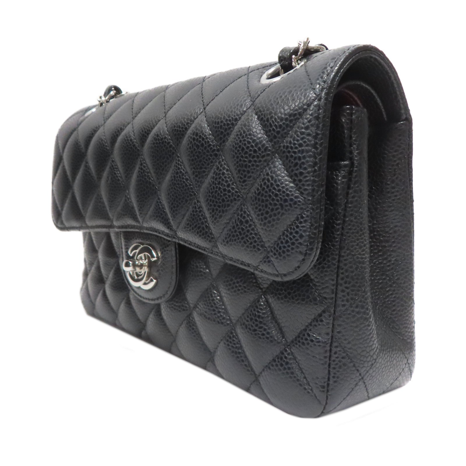 CHANEL 菱格Caviar皮革Classic 23cm銀扣鏈帶肩背袋黑色
