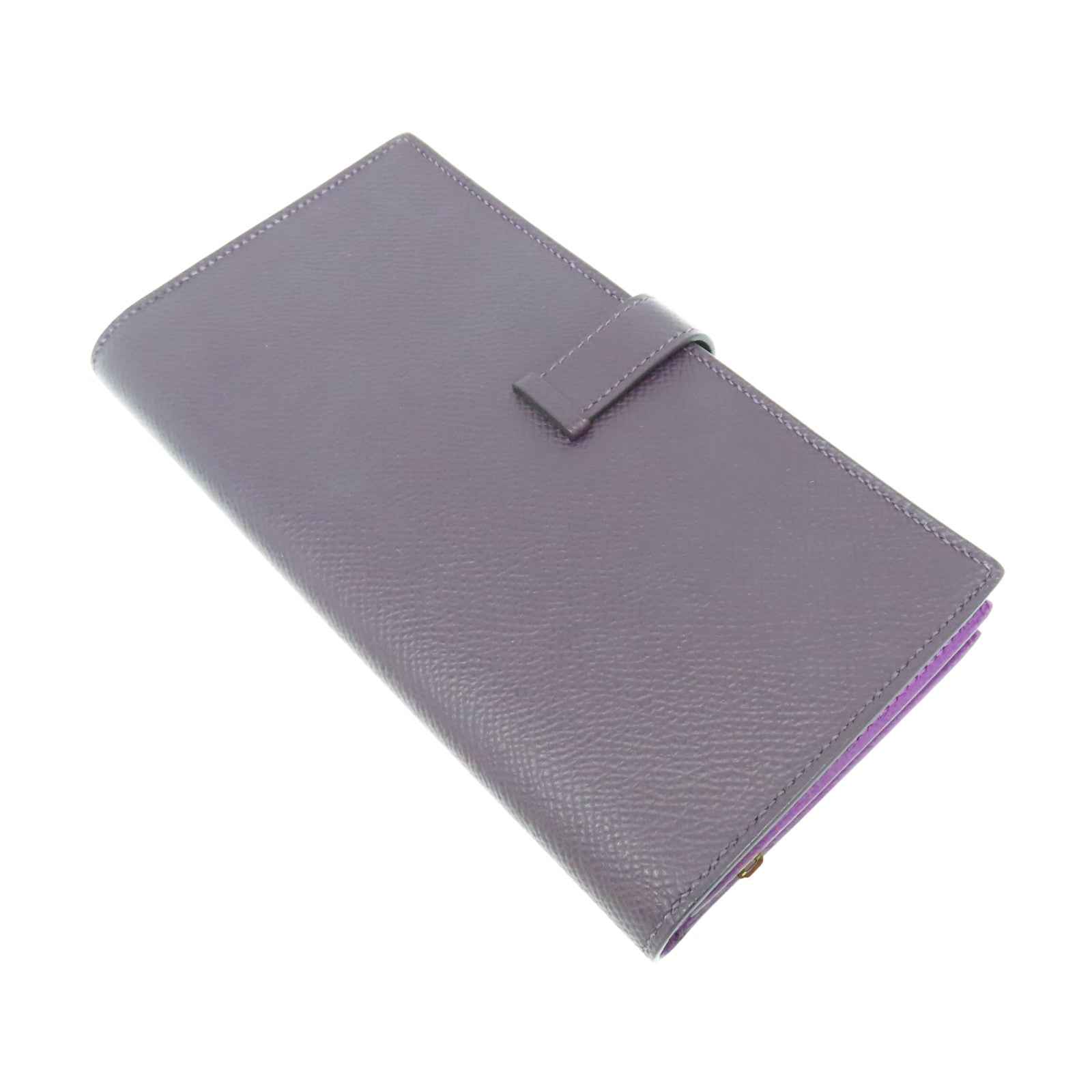 HERMES Veau Epsom皮革Bearm Wallet金扣長錢包紫色