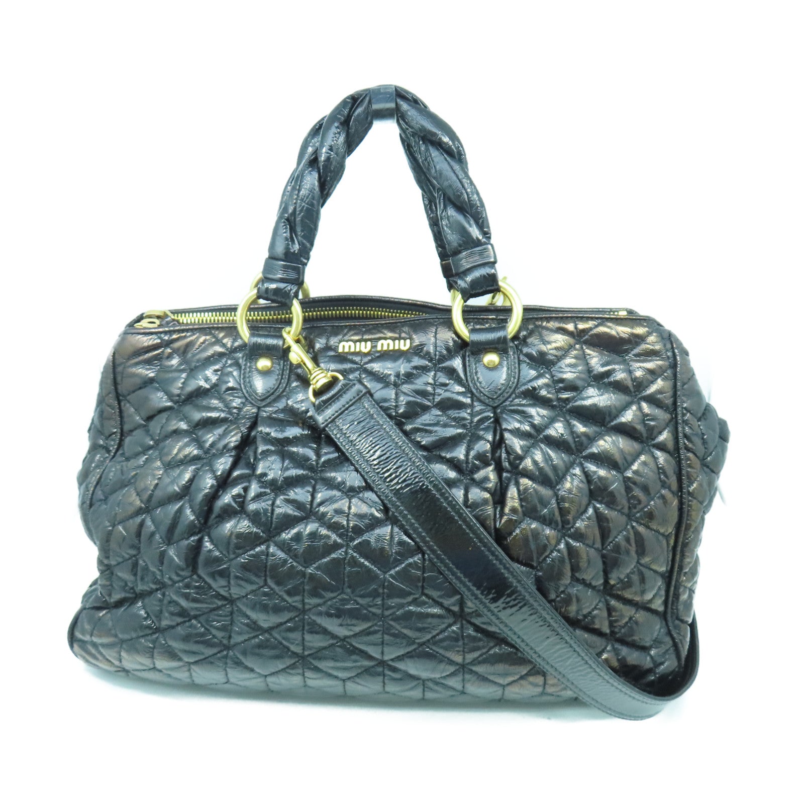 Miu Miu 漆皮皮革2 Way Shoulder金扣手挽肩背兩用袋黑色