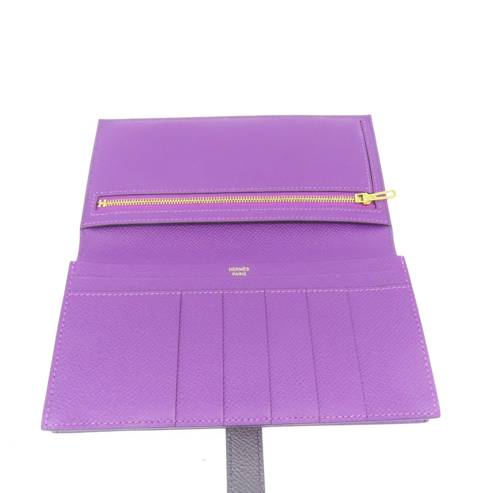 HERMES Veau Epsom皮革Bearm Wallet金扣長錢包紫色