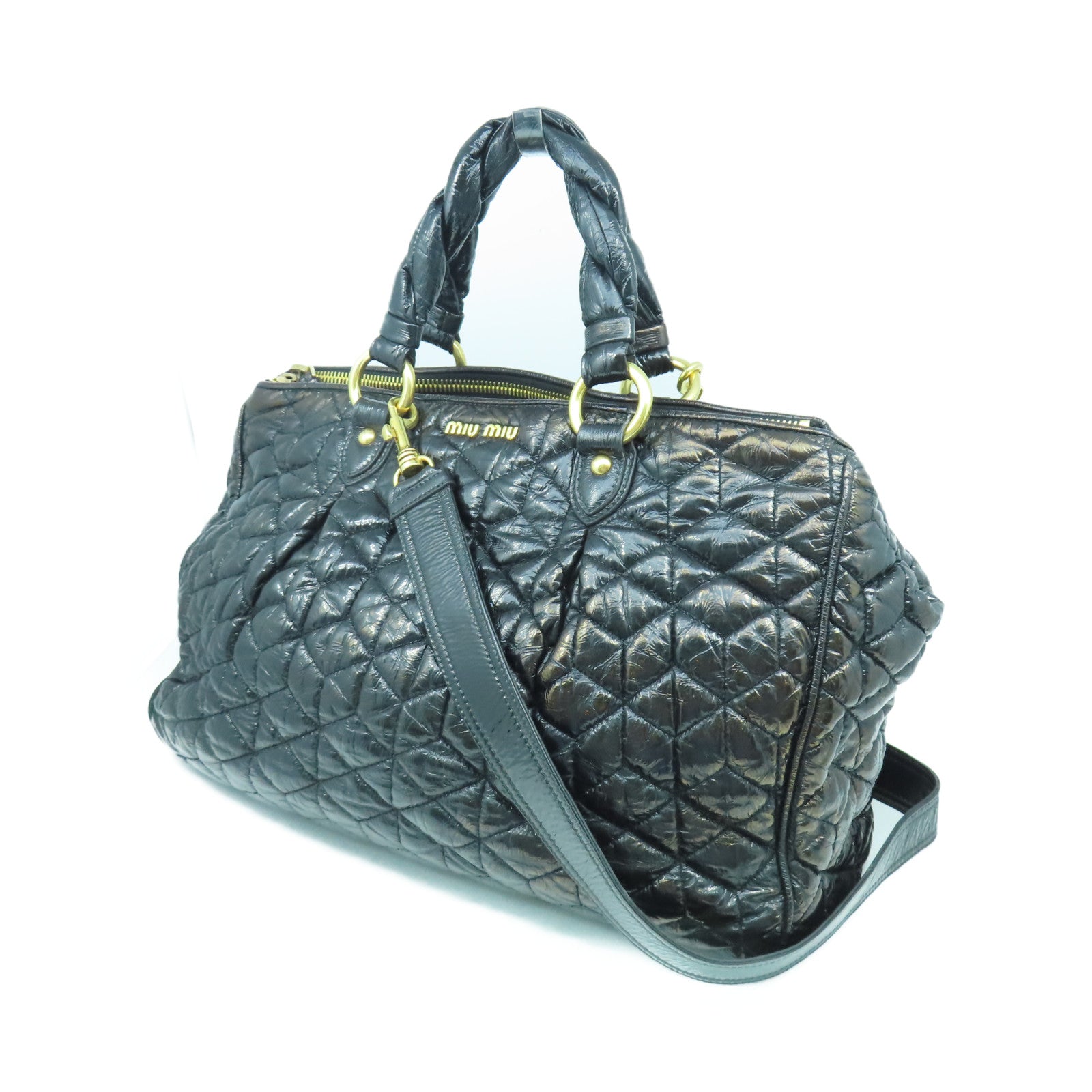 Miu Miu 漆皮皮革2 Way Shoulder金扣手挽肩背兩用袋黑色
