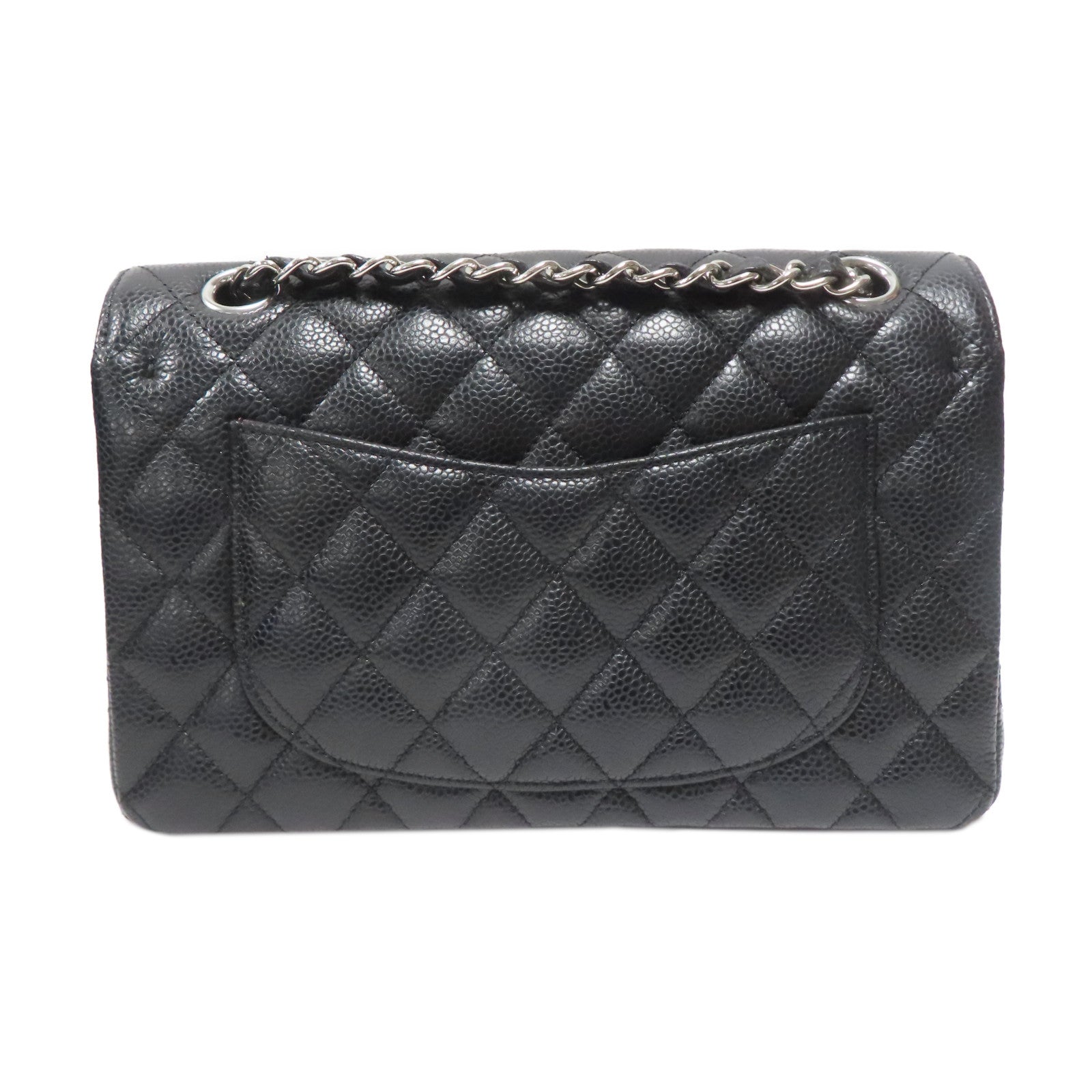 CHANEL 菱格Caviar皮革Classic 23cm銀扣鏈帶肩背袋黑色