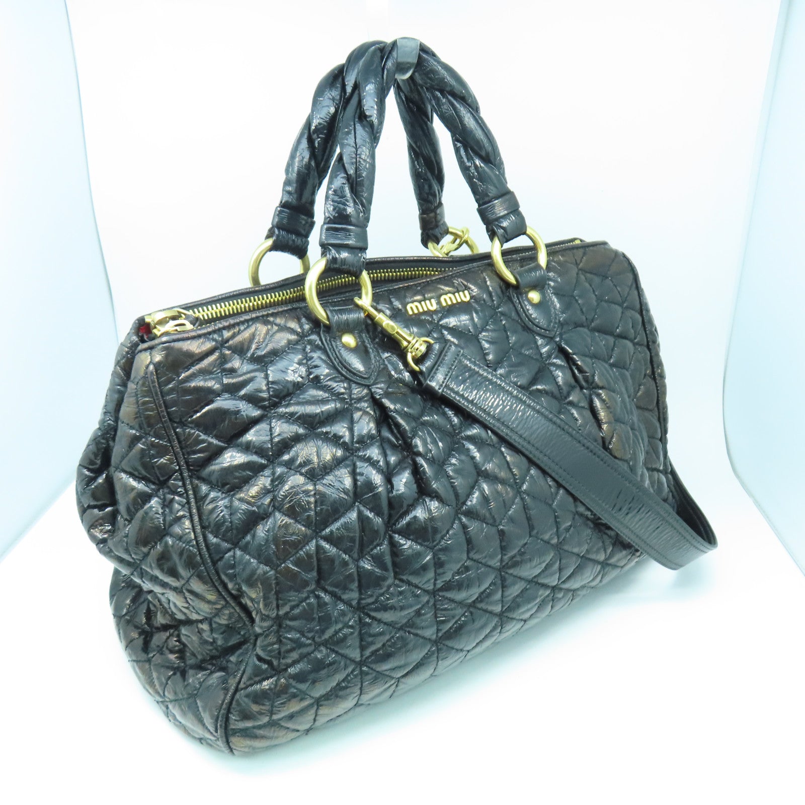 Miu Miu 漆皮皮革2 Way Shoulder金扣手挽肩背兩用袋黑色