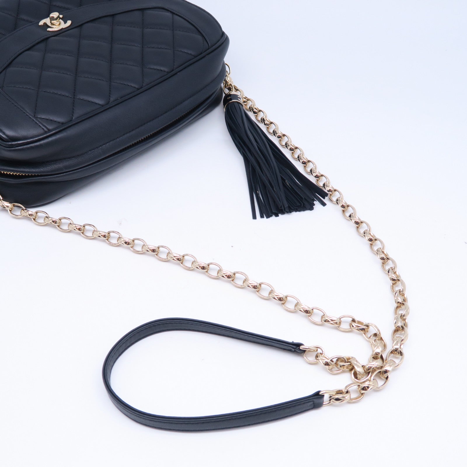 CHANEL 菱格牛皮皮革Chain Shoulder Bag金扣鏈帶肩背袋黑色