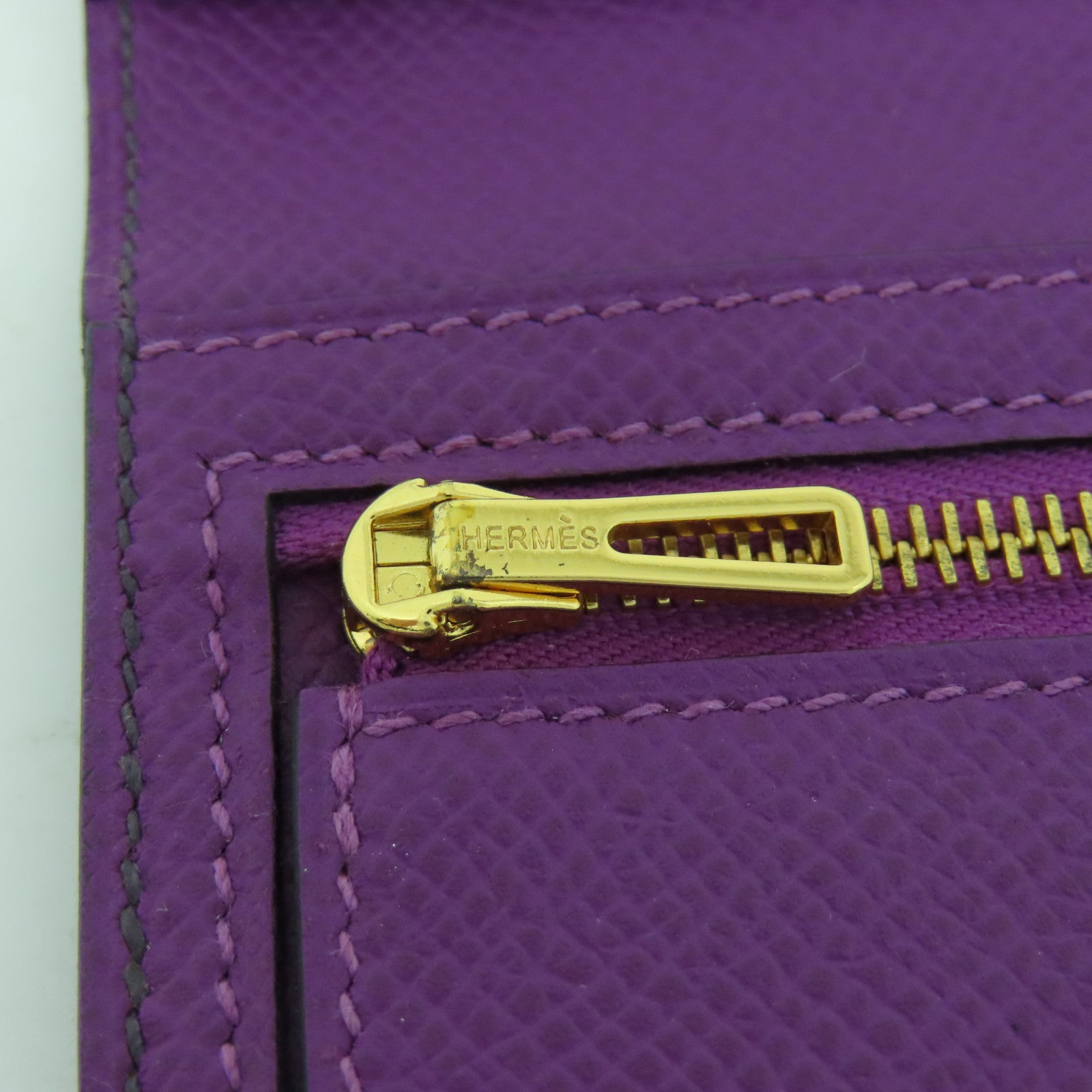 HERMES Veau Epsom皮革Bearm Wallet金扣長錢包紫色