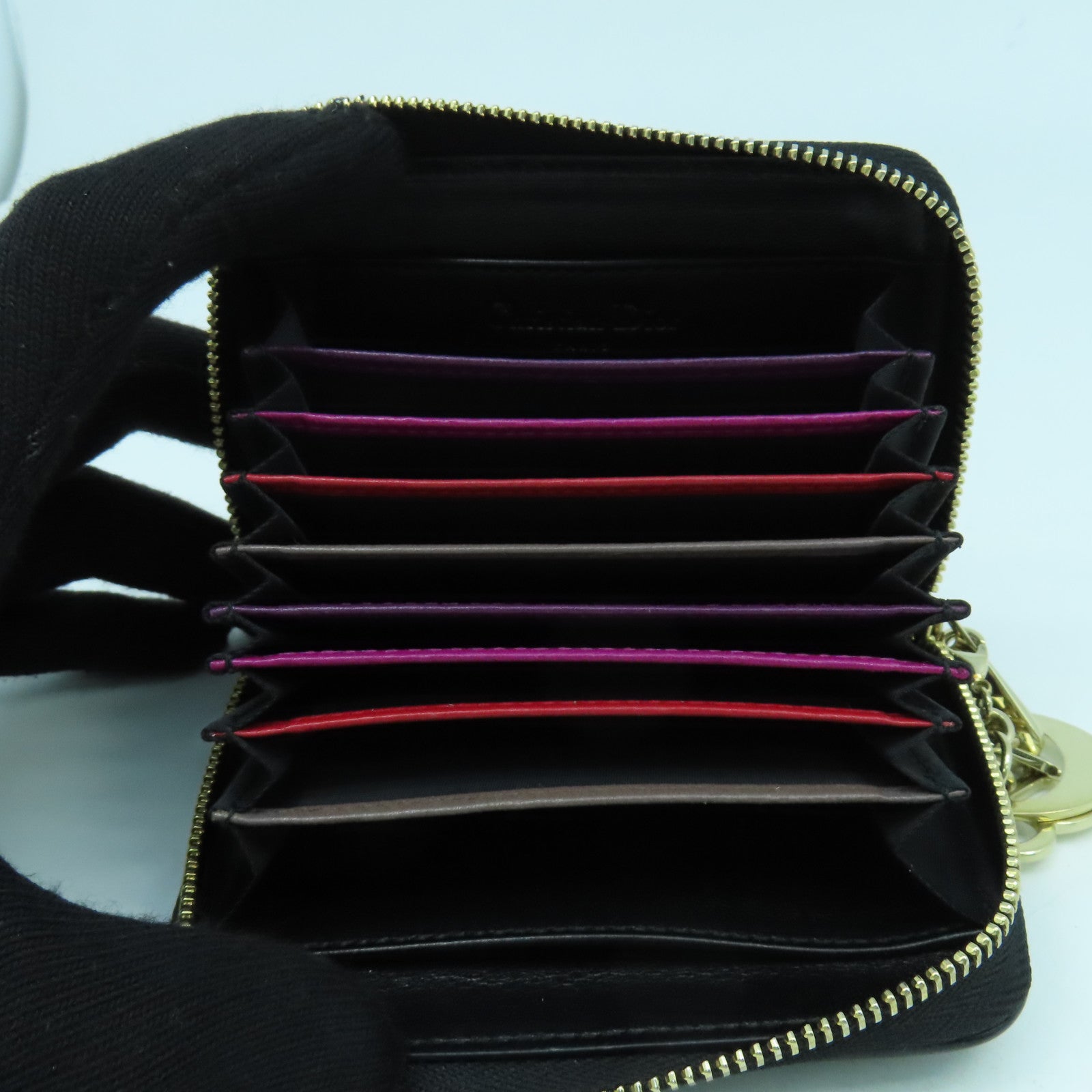 Dior 羊皮皮革Lady Dior Voyageur Small Coin Purse金扣零錢包黑色