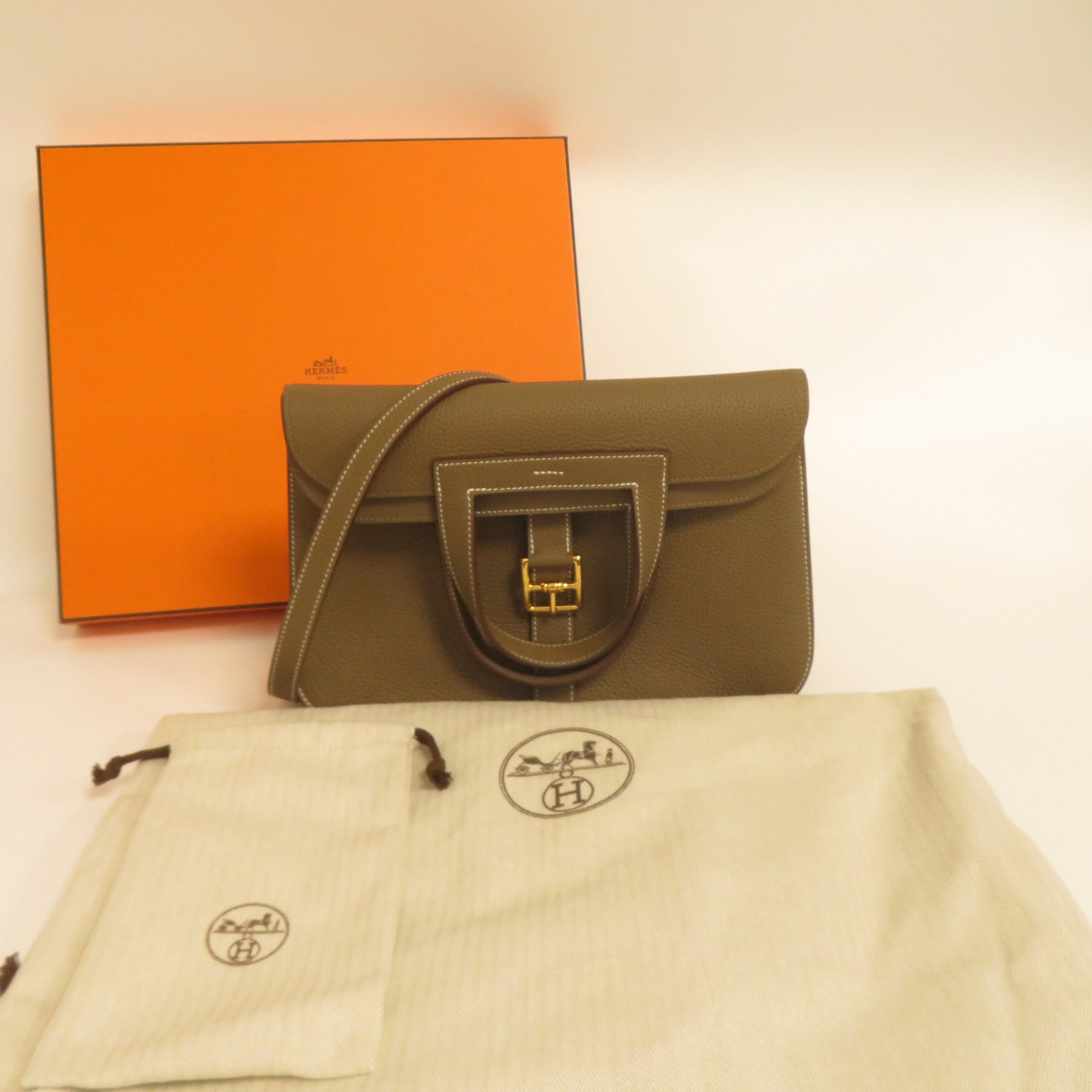 HERMES Clemence皮革Halzan 31金扣手挽肩背兩用袋啡色