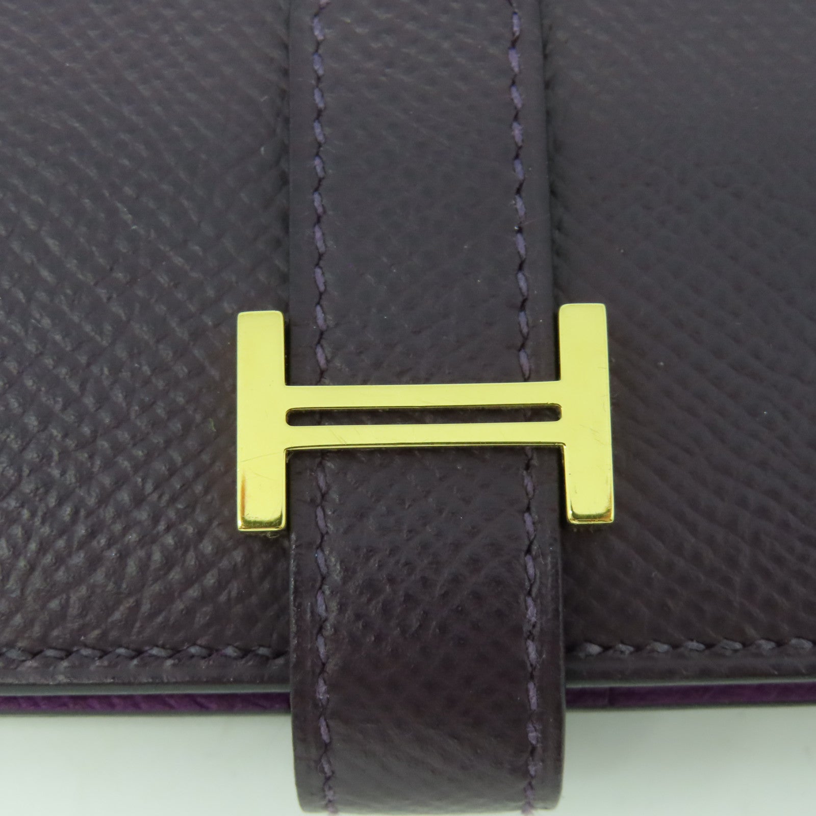 HERMES Veau Epsom皮革Bearm Wallet金扣長錢包紫色