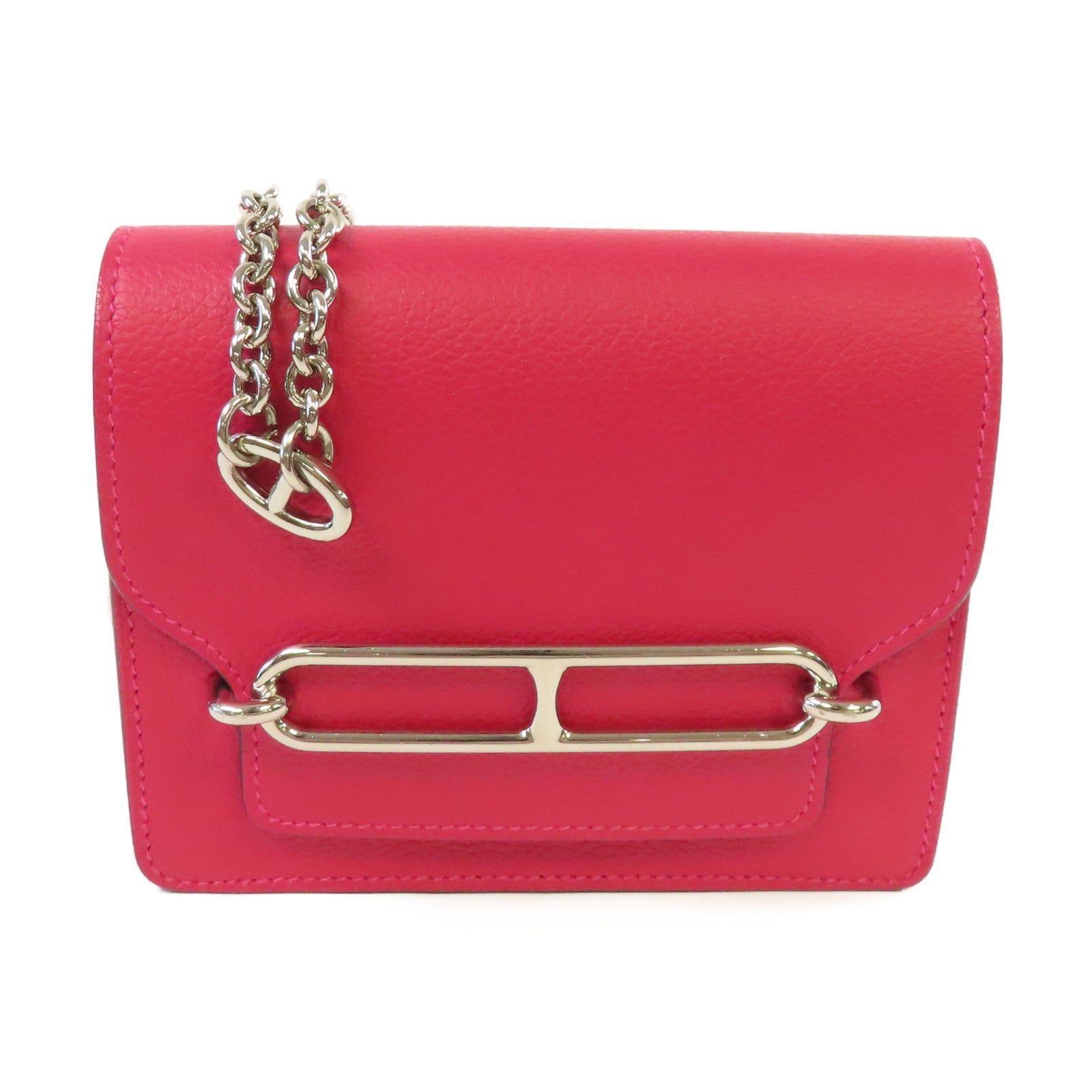 HERMES Evercolor皮革Roulis Slim Wallet銀扣鏈帶肩背袋Framboise覆盆子紅色