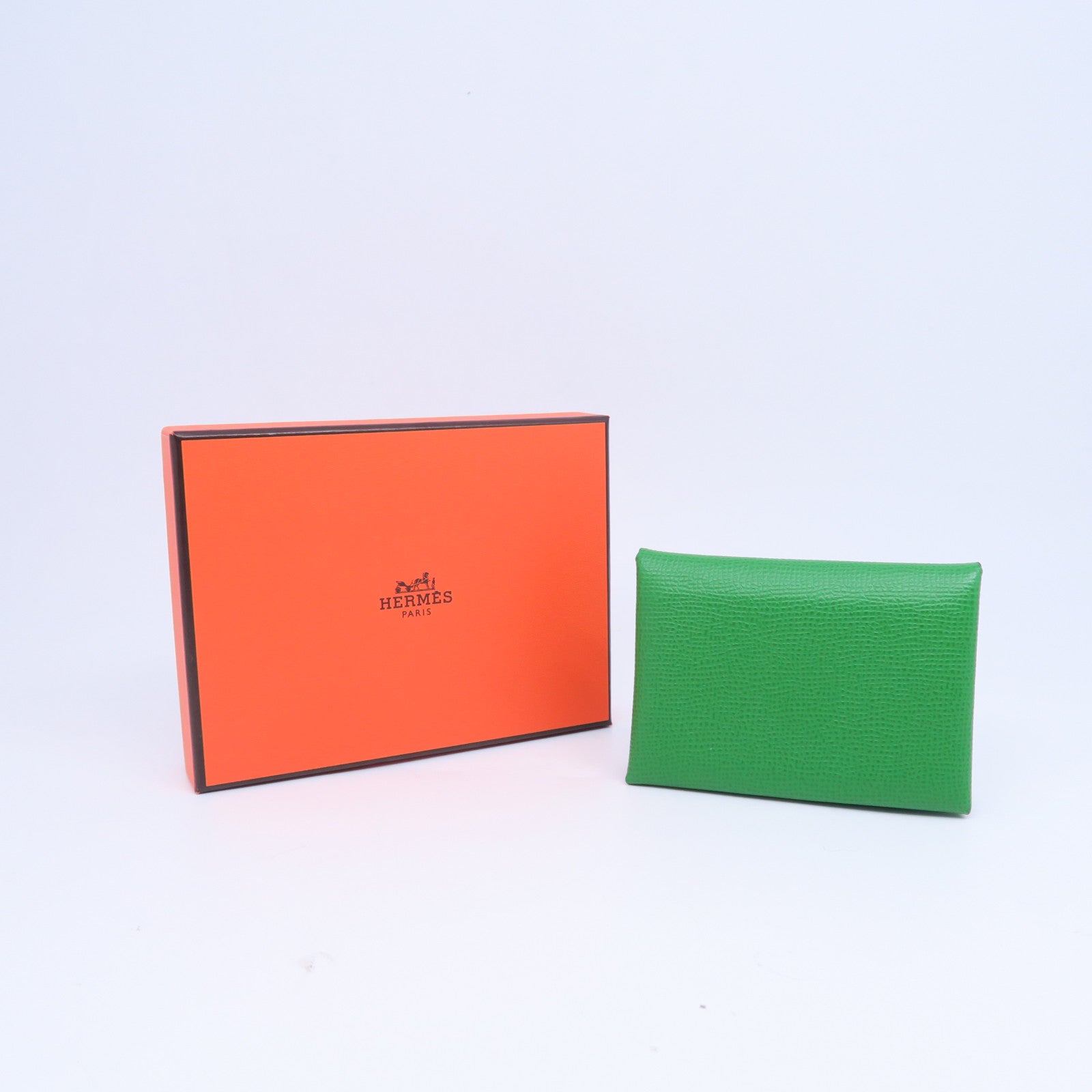 HERMES Epsom皮革Calvi Duo銀扣卡片套竹子綠色