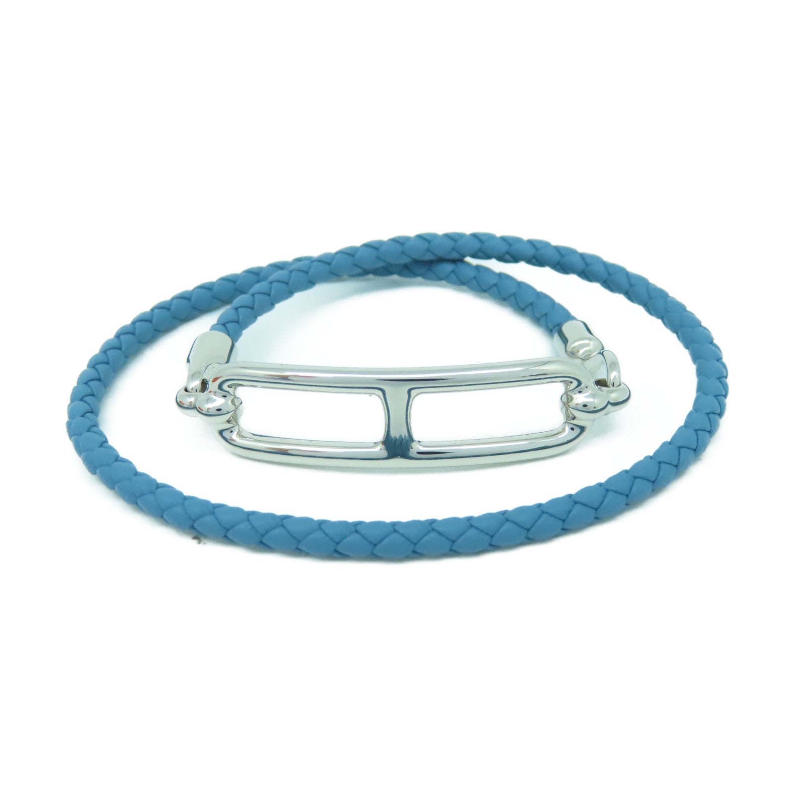 HERMES Veau Swift皮革/金屬Roulis Double Tour手鐲藍色/銀色#15cm