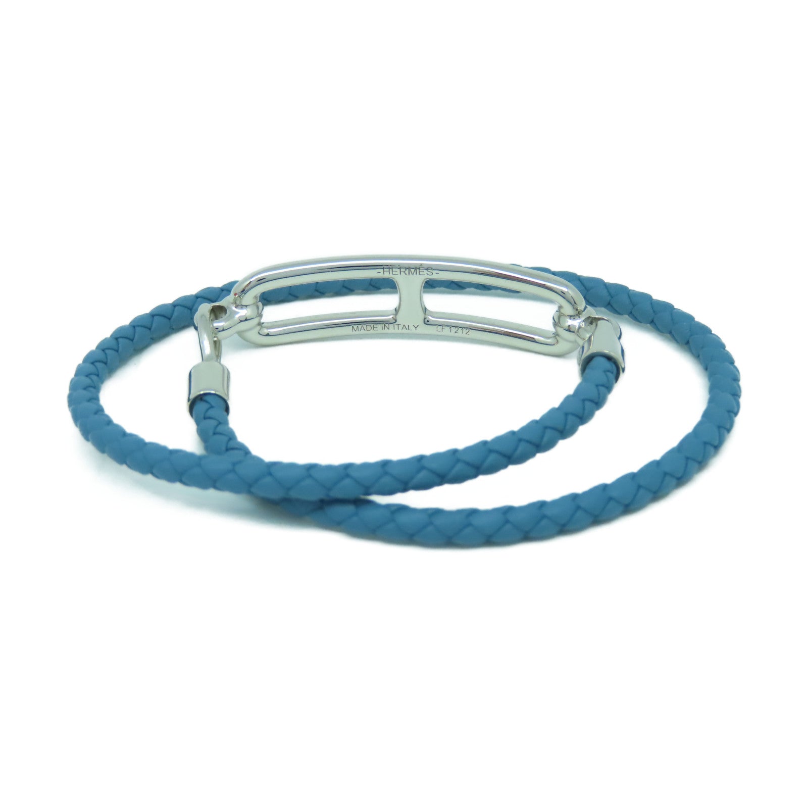 HERMES Veau Swift皮革/金屬Roulis Double Tour手鐲藍色/銀色#15cm