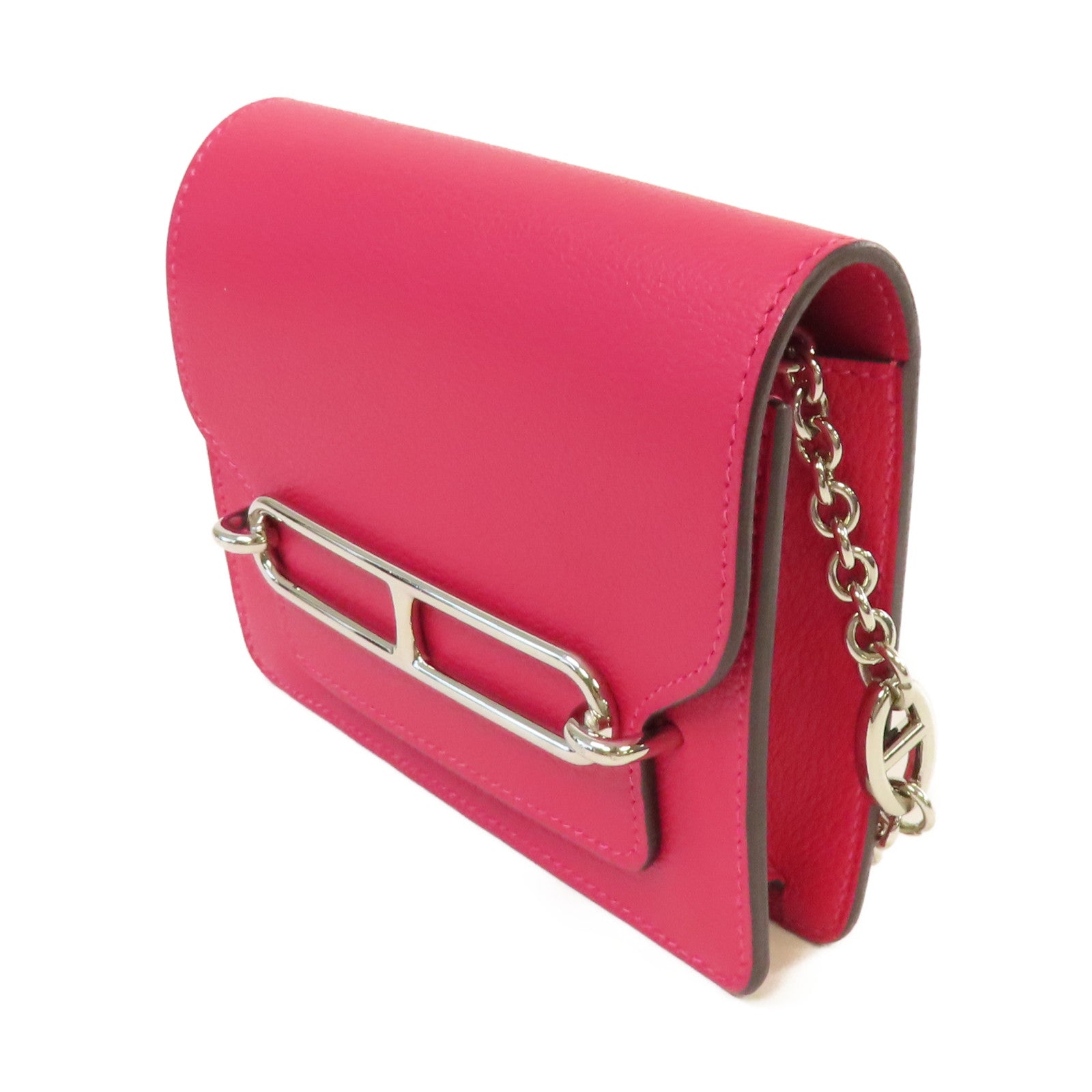 HERMES Evercolor皮革Roulis Slim Wallet銀扣鏈帶肩背袋Framboise覆盆子紅色