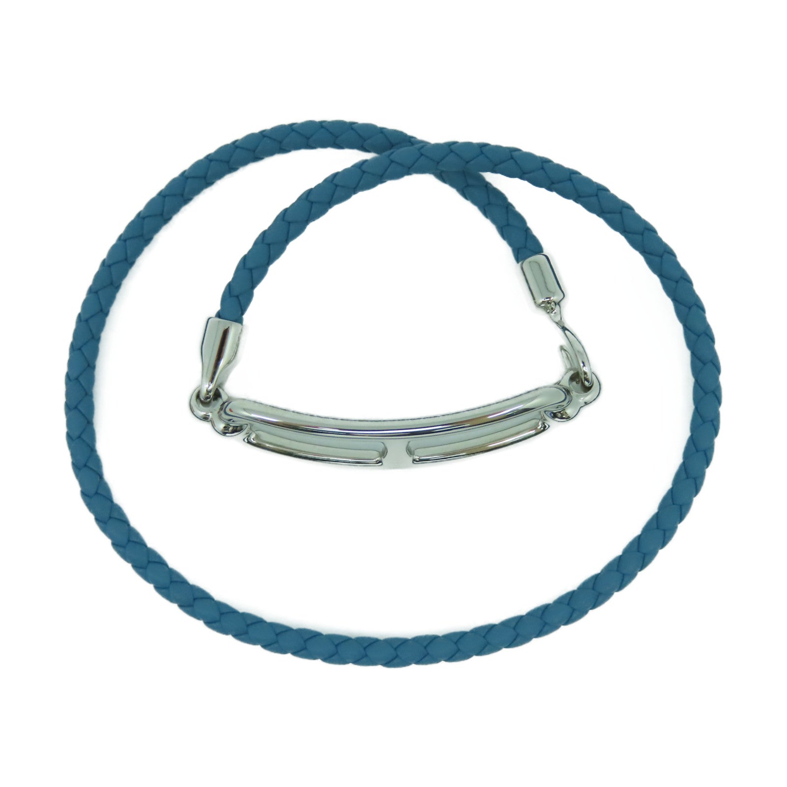 HERMES Veau Swift皮革/金屬Roulis Double Tour手鐲藍色/銀色#15cm