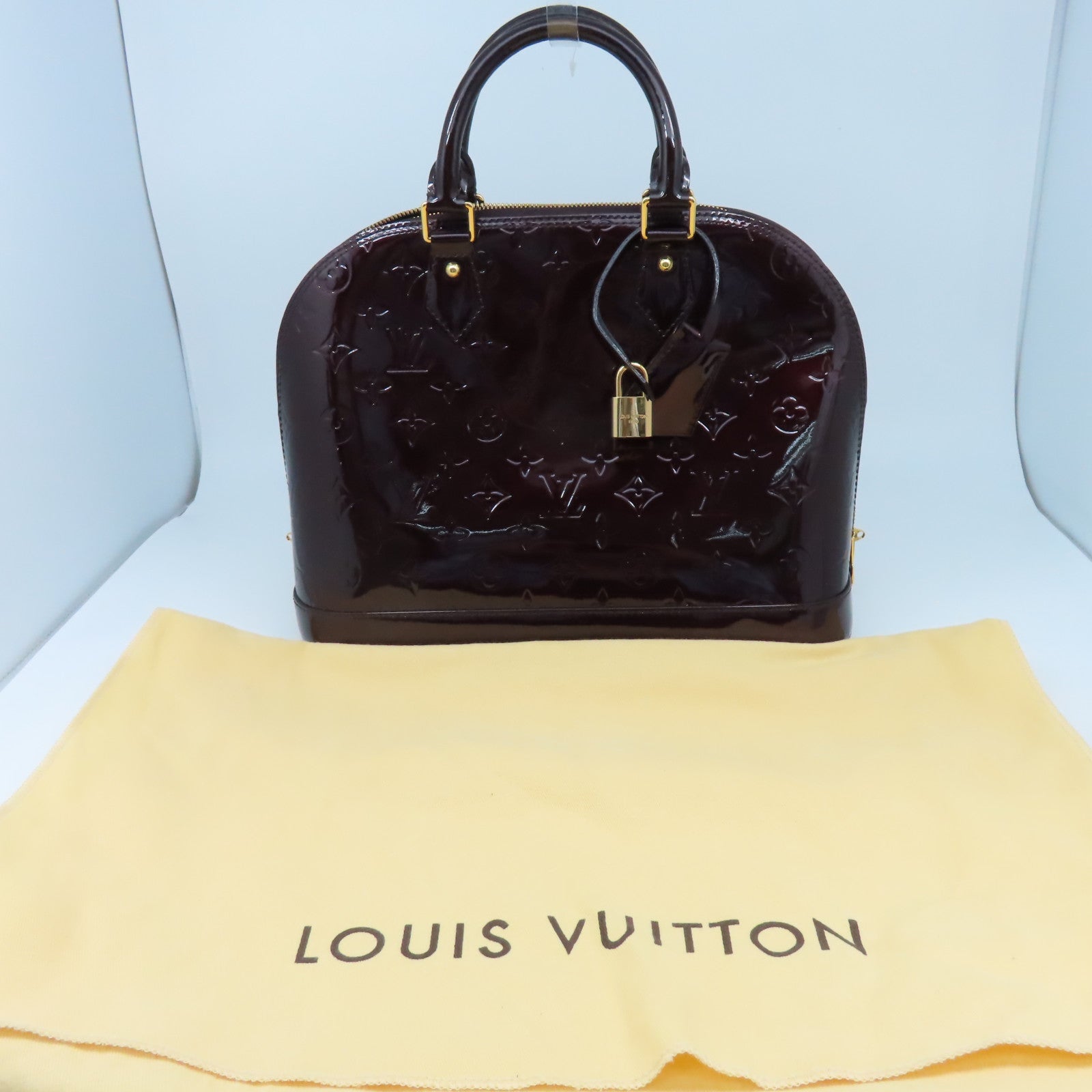 LOUIS VUITTON Monogram Vernis Alma PM金扣手挽袋深紅色