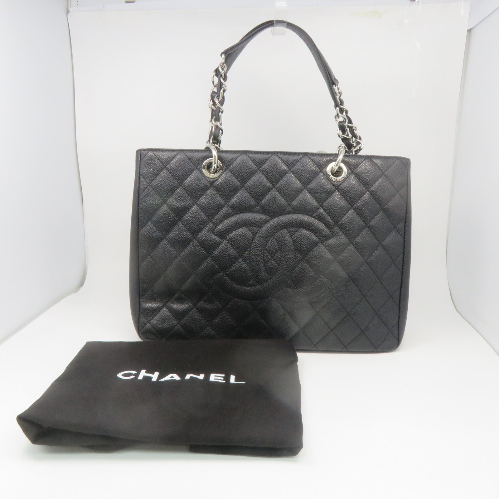 CHANEL 菱格Caviar皮革GST Tote Bag銀扣手挽袋黑色